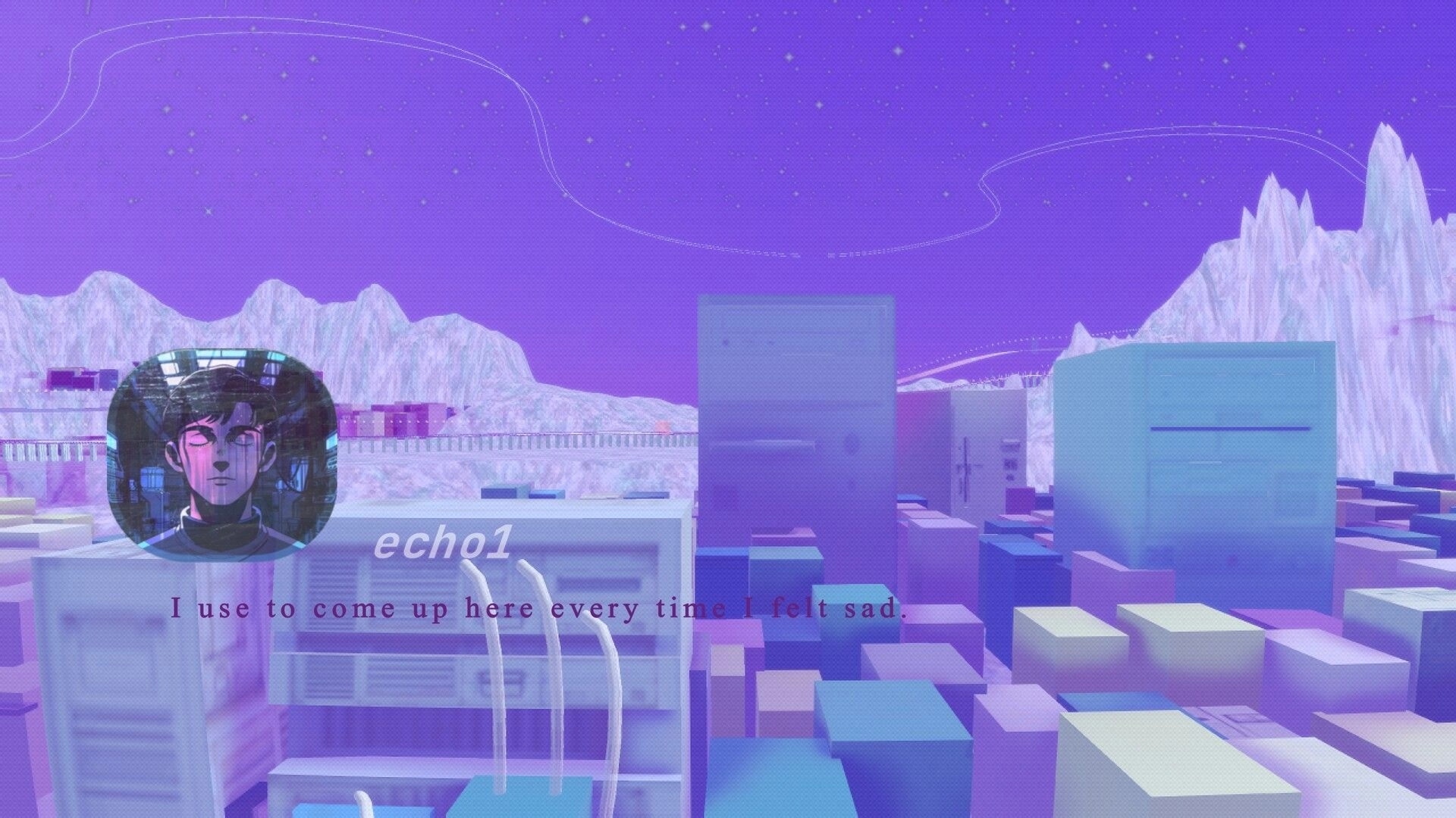 Angel: Dialogue UI with echo1 portrait over pastel block city and icy mountains under purple sky.