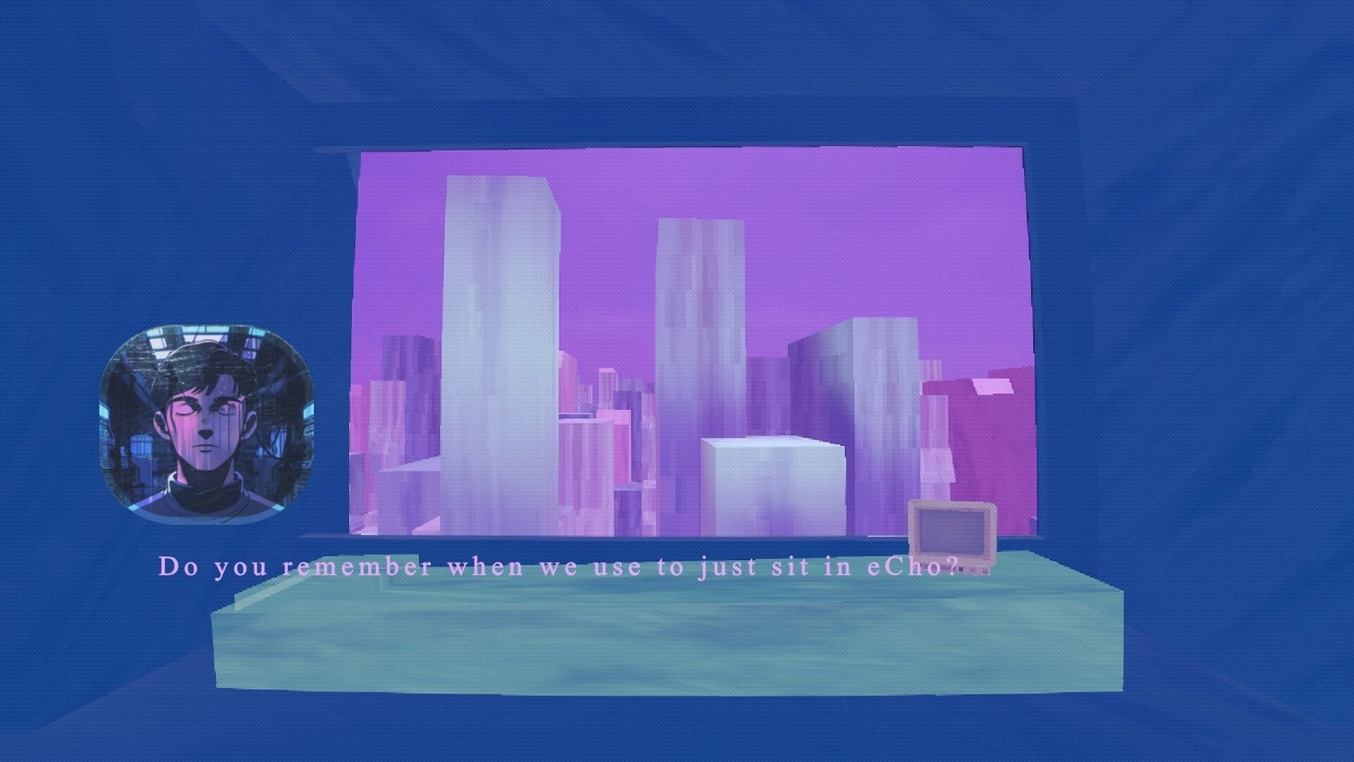 Angel: Dialogue line under portrait beside neon city window view in a blue room with small monitor.