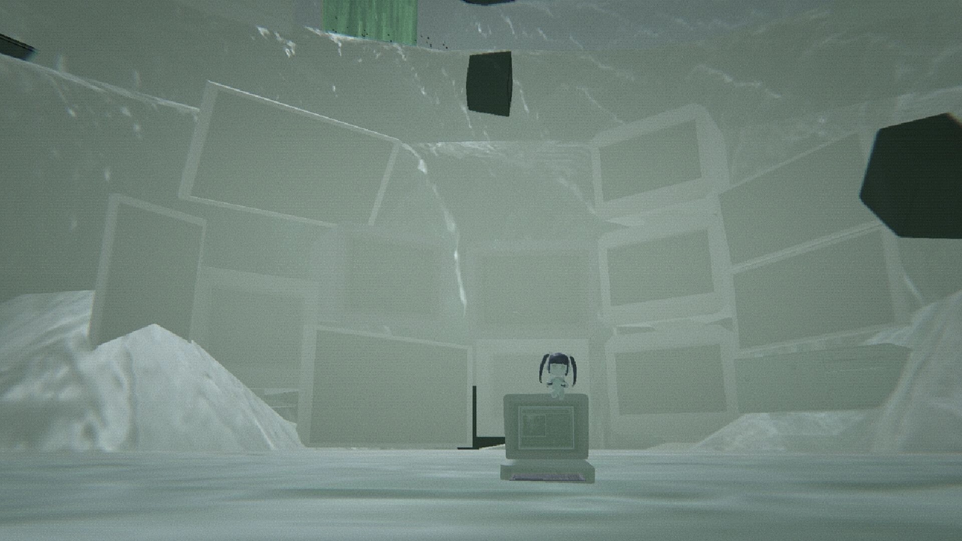 Angel: Small avatar perched on a monitor amid stacked blank screens in a snowy, glitchy cavern.
