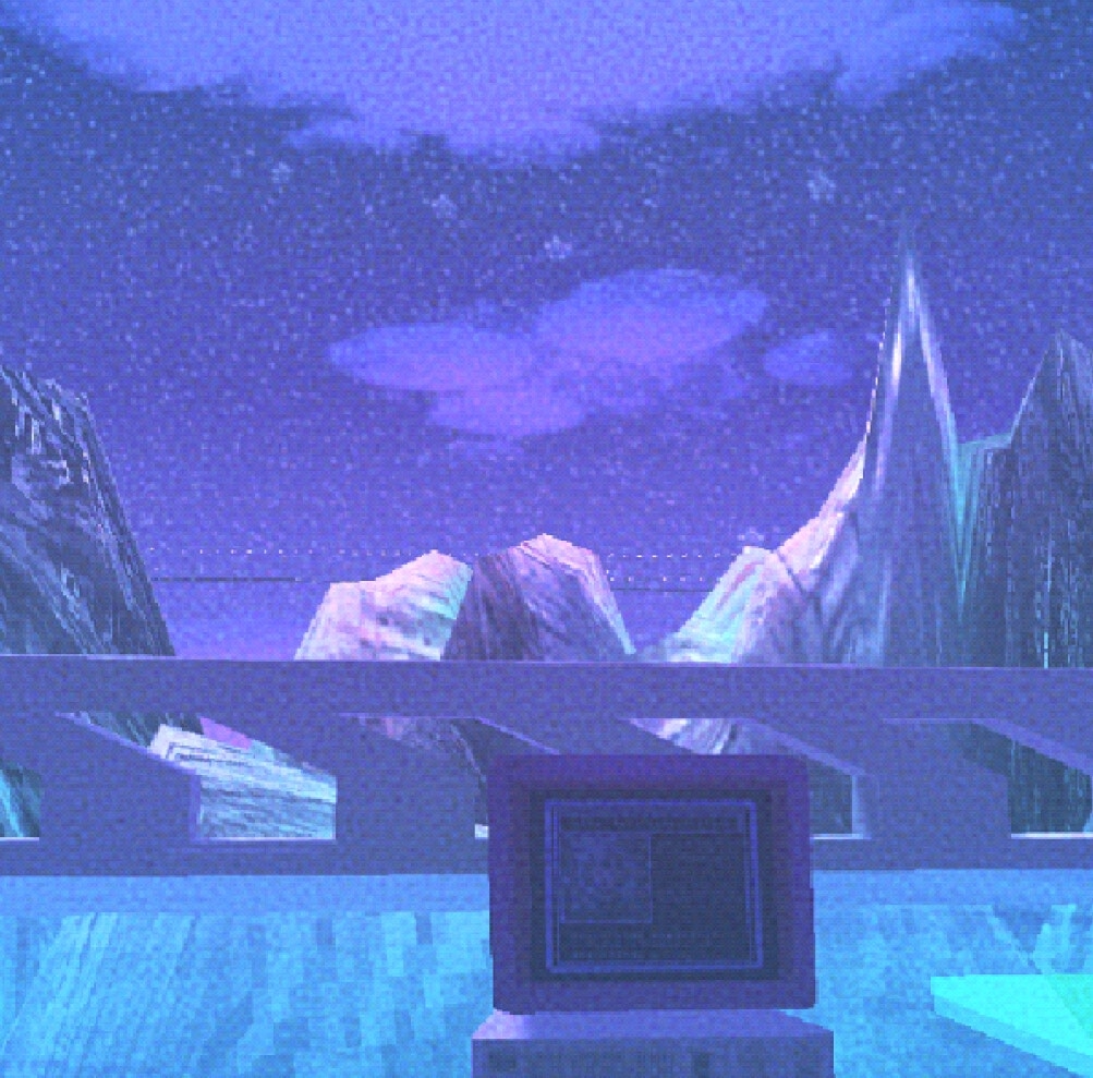 Angel: First-person view of a small monitor UI facing snowy mountains under a purple sky.