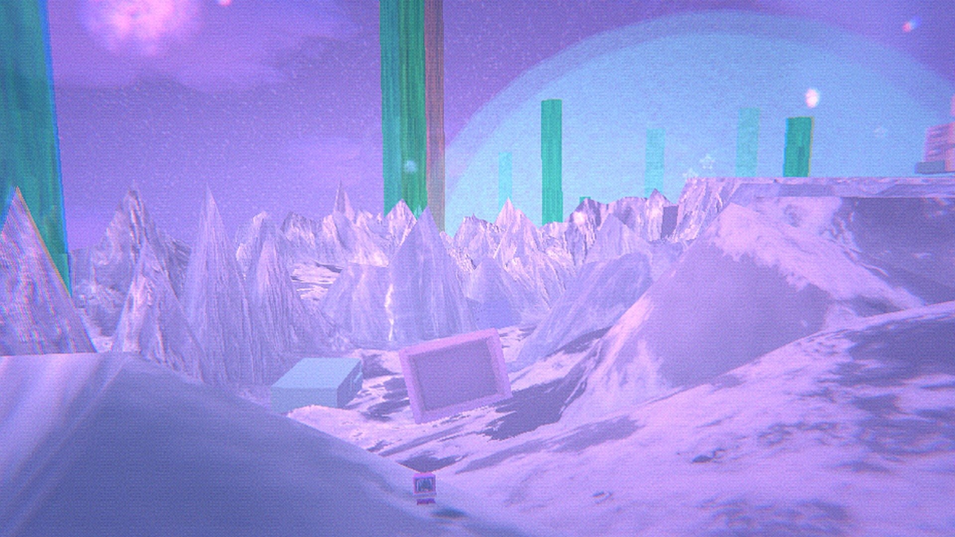 Angel: Tiny avatar on snowy track past icy peaks and neon pillars under a purple sky dome.