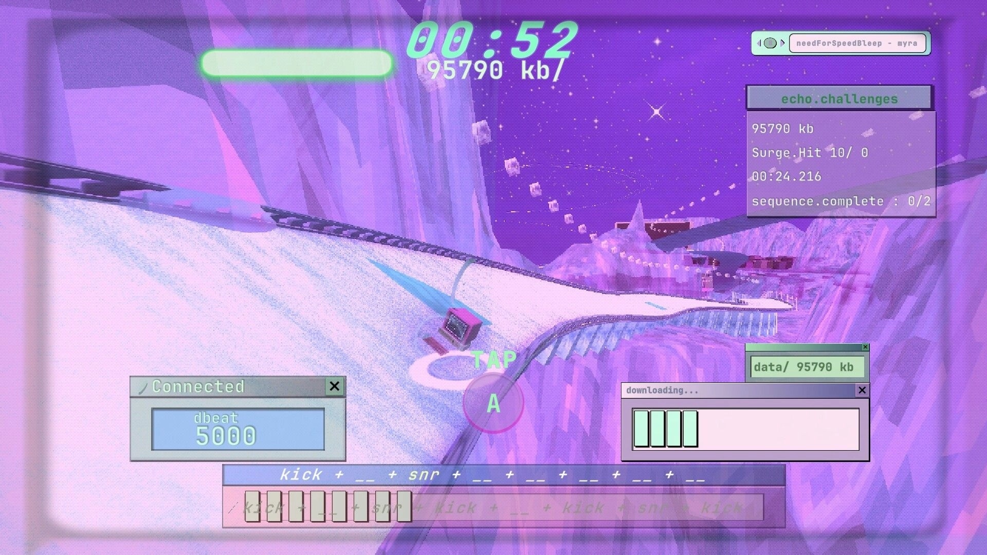 Angel: Racing along an icy curve with TAP prompt and echo challenges UI in purple cyber canyon.