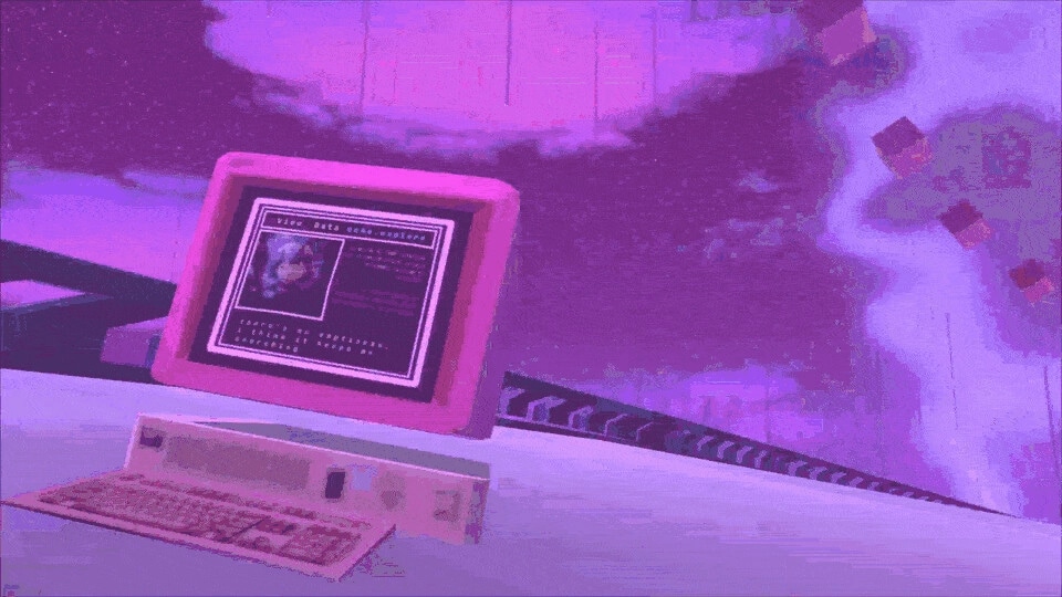Angel: Retro computer terminal with profile UI on screen overlooking a purple, glitchy data sea.