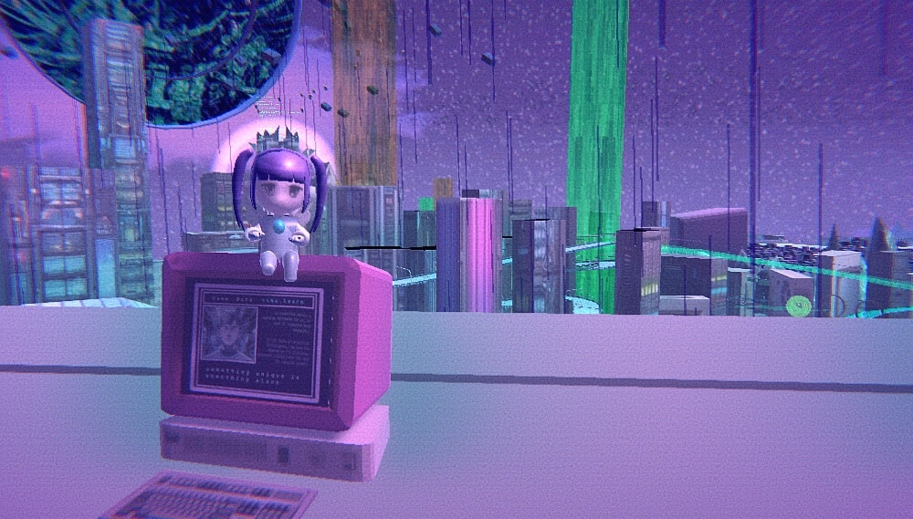 Angel: Small chibi avatar perched on a pink CRT monitor overlooking a neon, rainy city skyline.