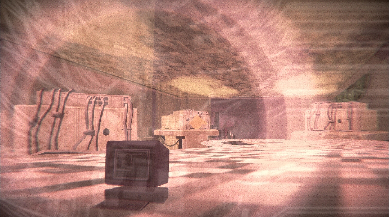 Angel: First-person view facing large strapped crates in a hazy pink-lit industrial room.
