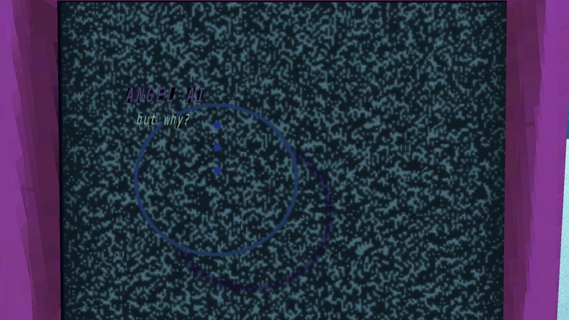 Angel: Dialogue text "ANGEL.AI but why?" over static screen with circular node UI in purple frame.