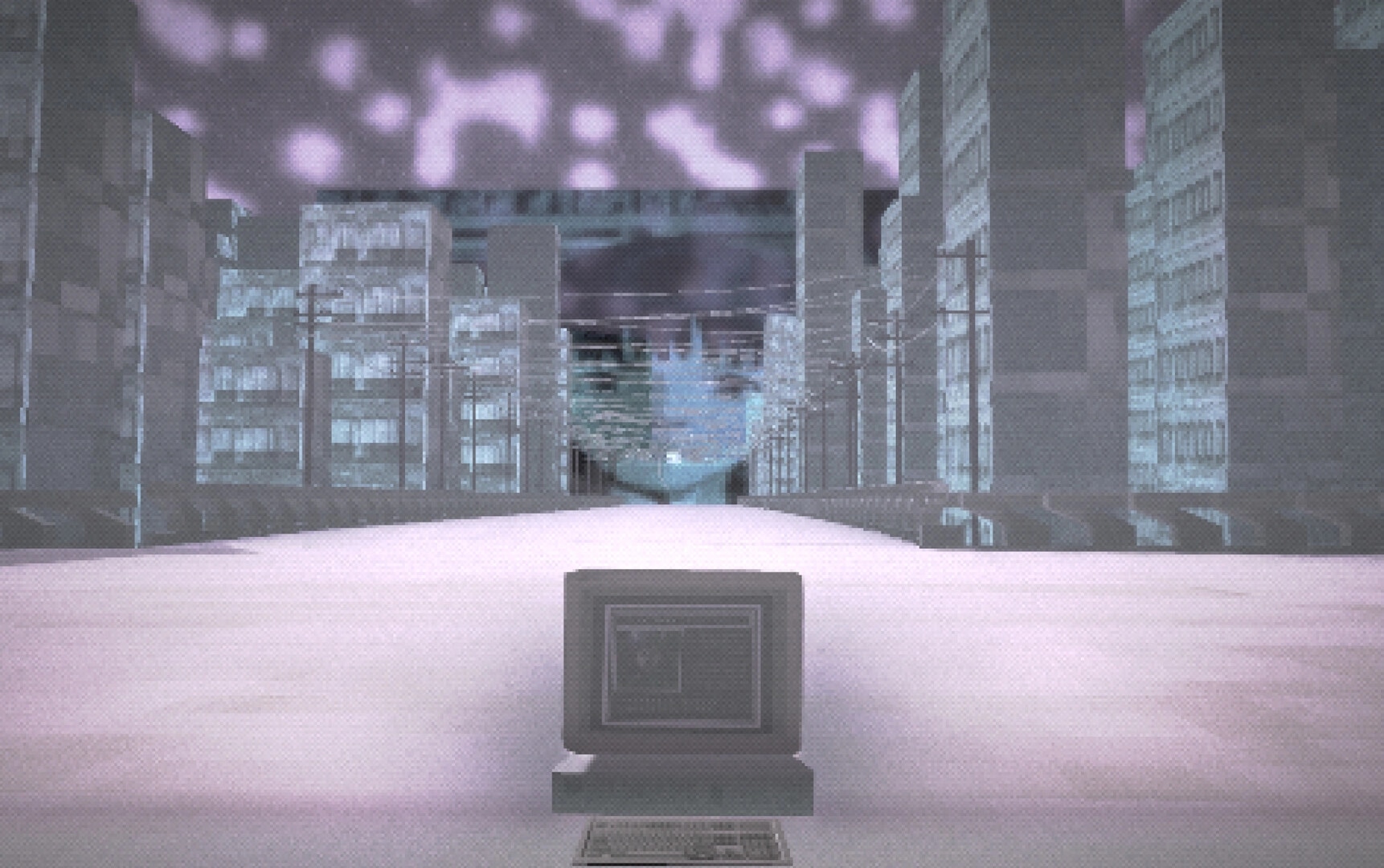 Angel: CRT computer facing a glitchy city street, tall buildings and purple static sky ahead.