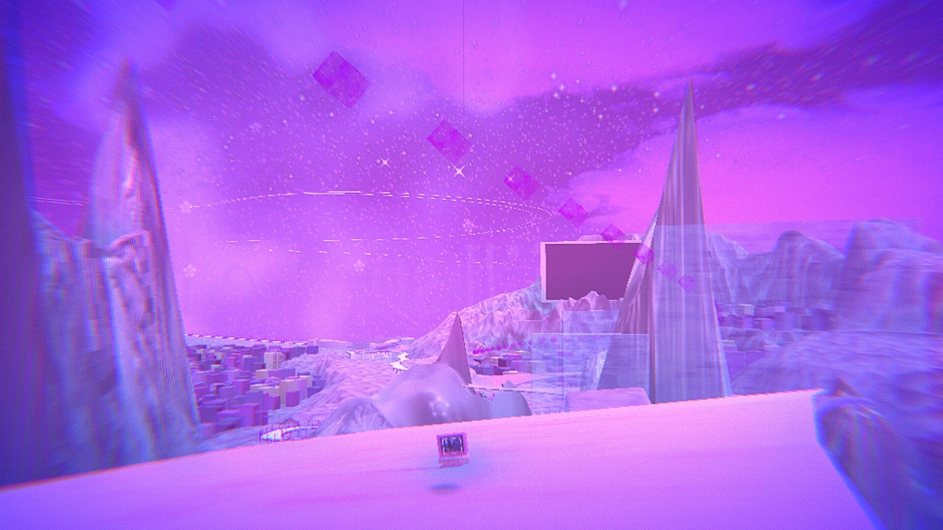 Angel: First-person view over icy cliffs with floating cubes and a blank HUD panel in purple sky.