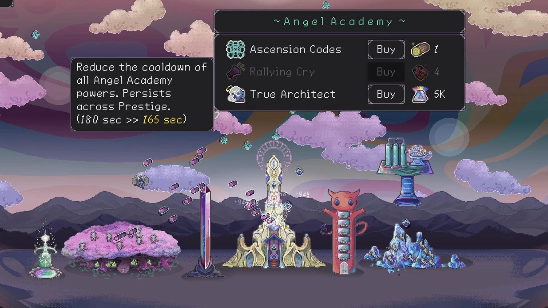 Angel Clicker: Angel Academy upgrade shop with Buy buttons over floating sky base buildings and clouds.