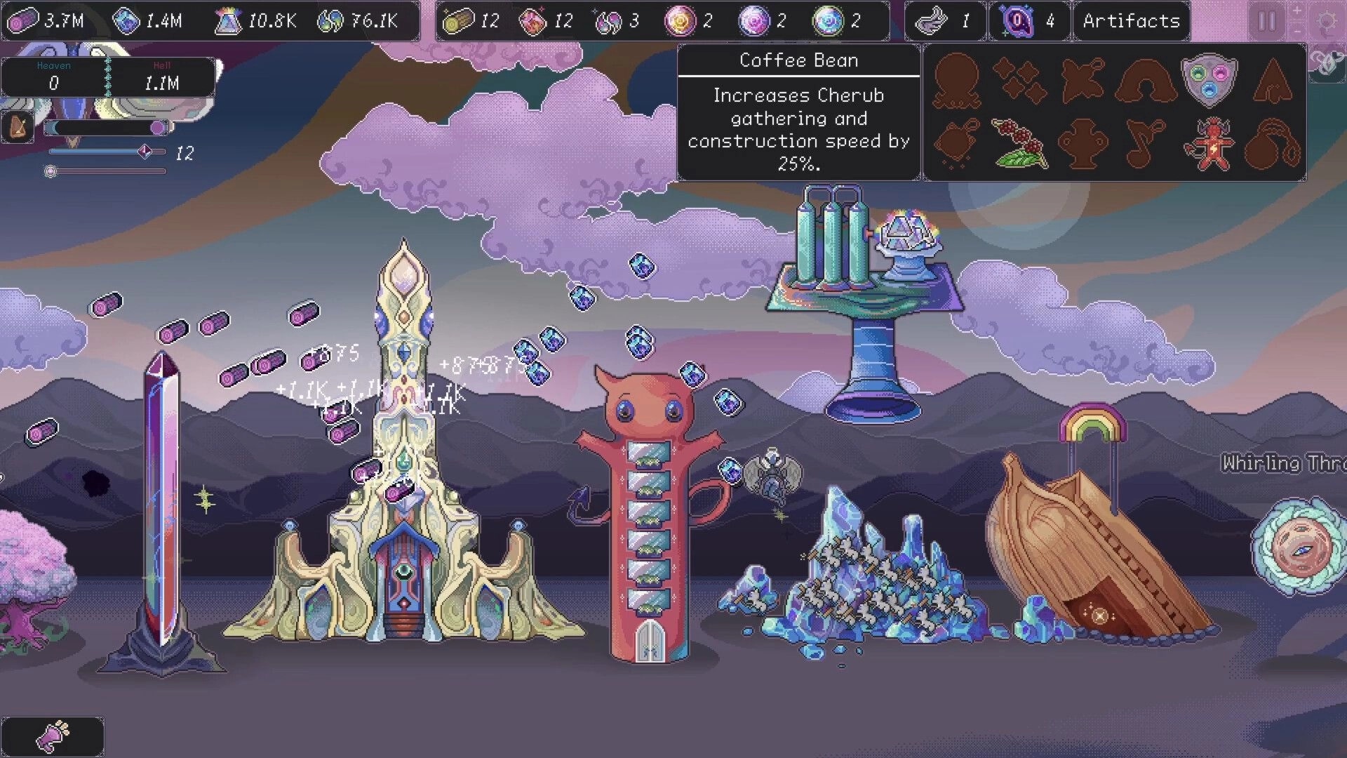 Angel Clicker: Artifacts menu open with Coffee Bean tooltip over buildings in a cloudy sky landscape.