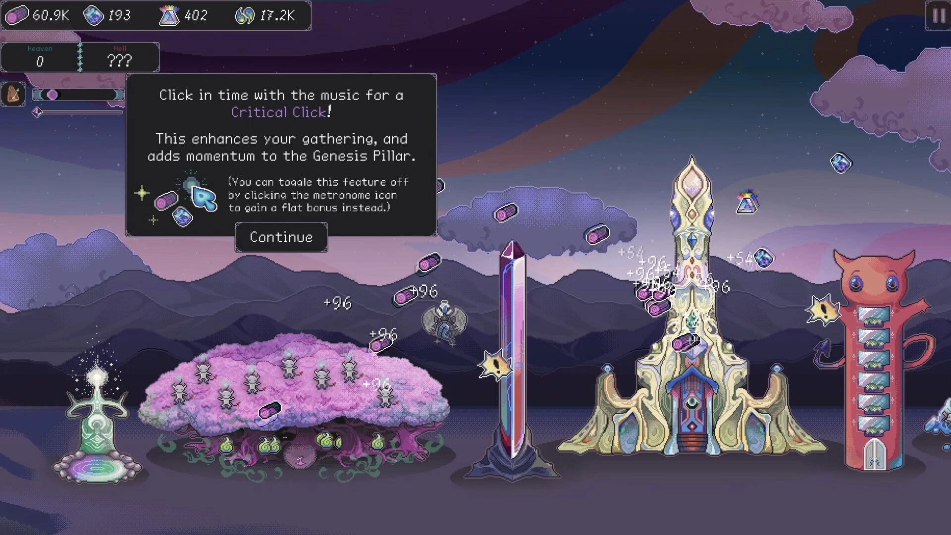 Angel Clicker: Tutorial pop-up about Critical Clicks over resource counters and a celestial base at dusk.