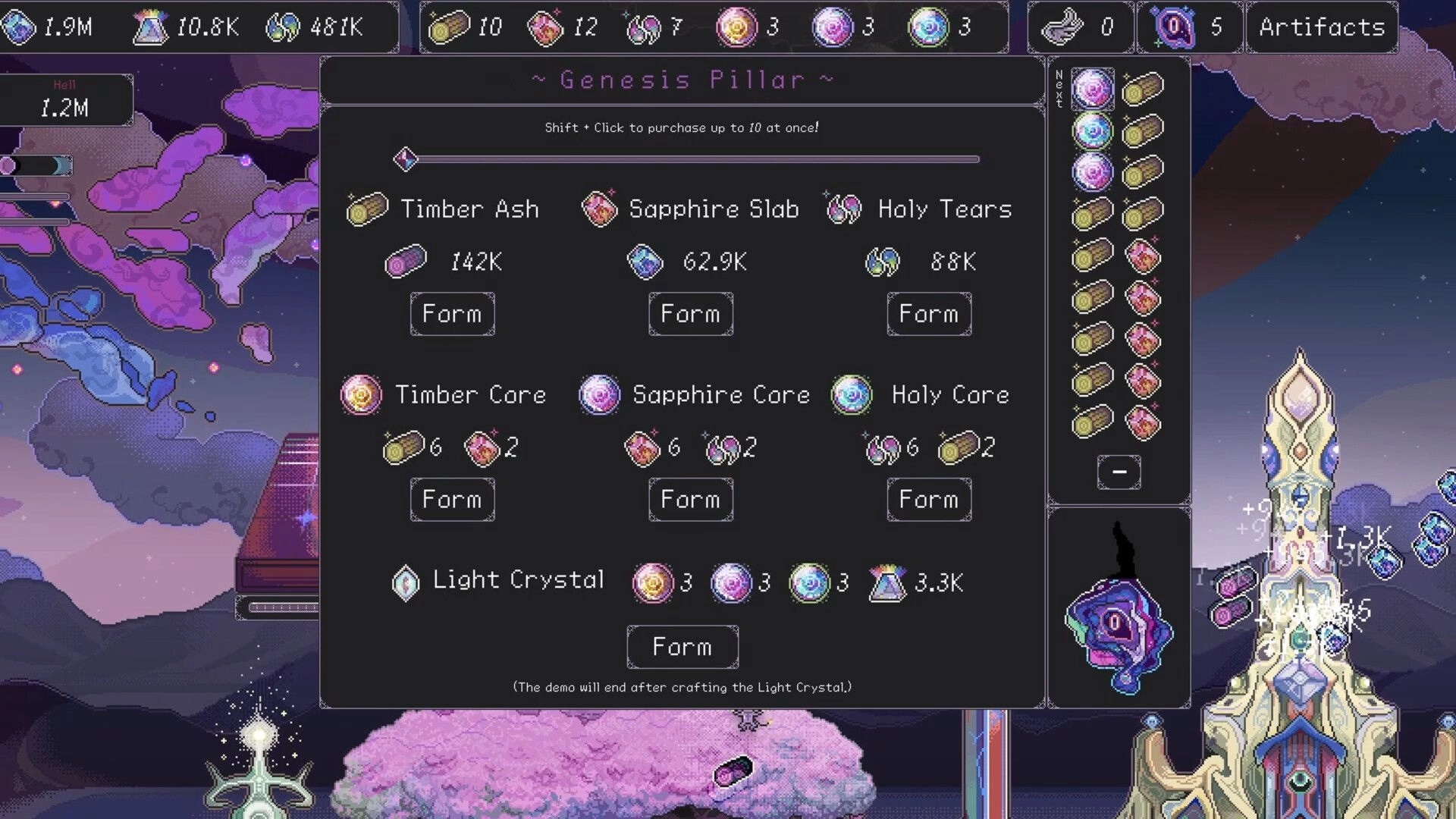 Angel Clicker: Genesis Pillar crafting menu with Form buttons and resources over cloudy heaven backdrop.