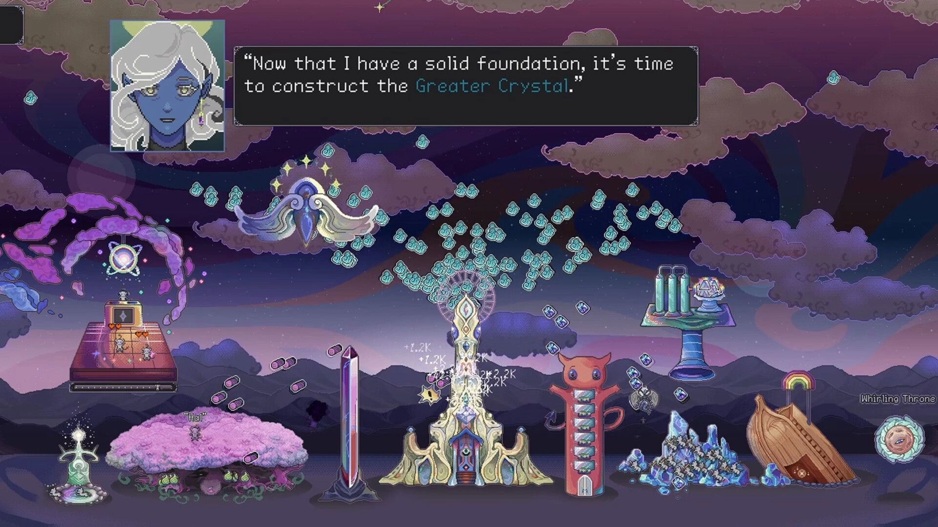 Angel Clicker: Dialogue box about building the Greater Crystal over a celestial base with floating icons.