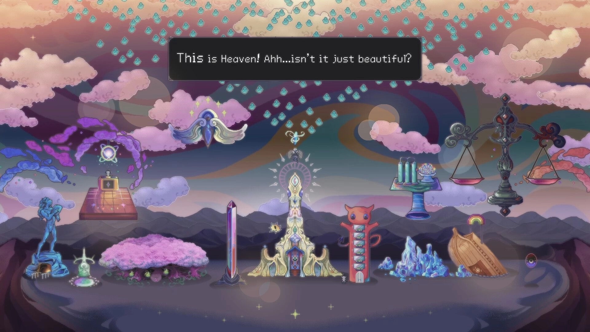 Angel Clicker: Heaven hub screen with floating soul icons, dialogue box, and surreal buildings in clouds.