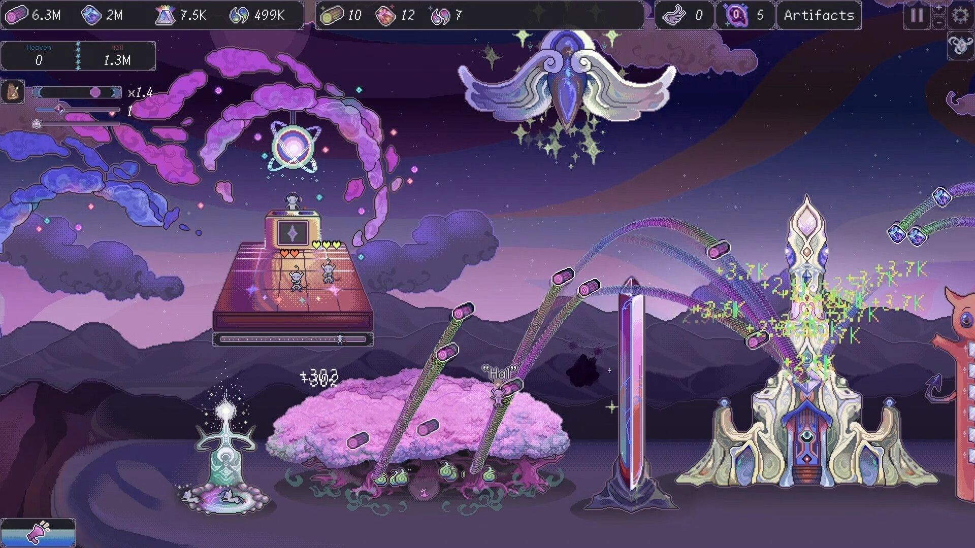 Angel Clicker: Artifacts menu with resource bars and glowing tower upgrades in a starry sky realm.