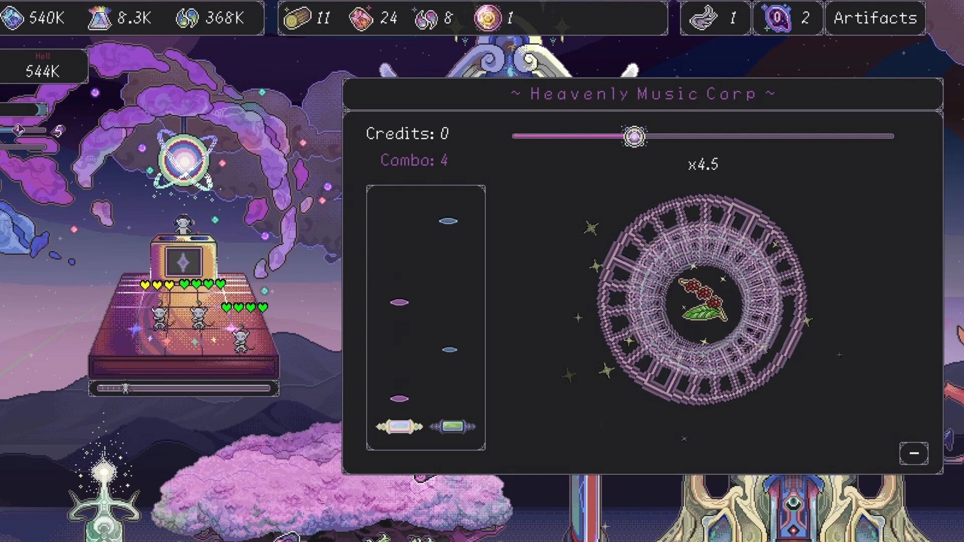 Angel Clicker: Heavenly Music Corp rhythm minigame UI with combo meter and note lane over starry sky.