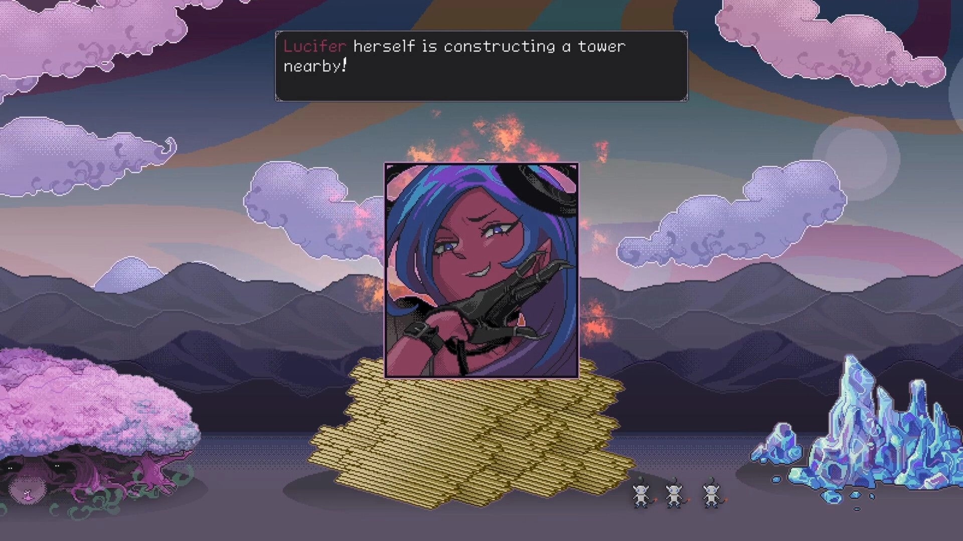 Angel Clicker: Lucifer dialogue portrait over huge gold stack in a cloudy sky scene with crystals.