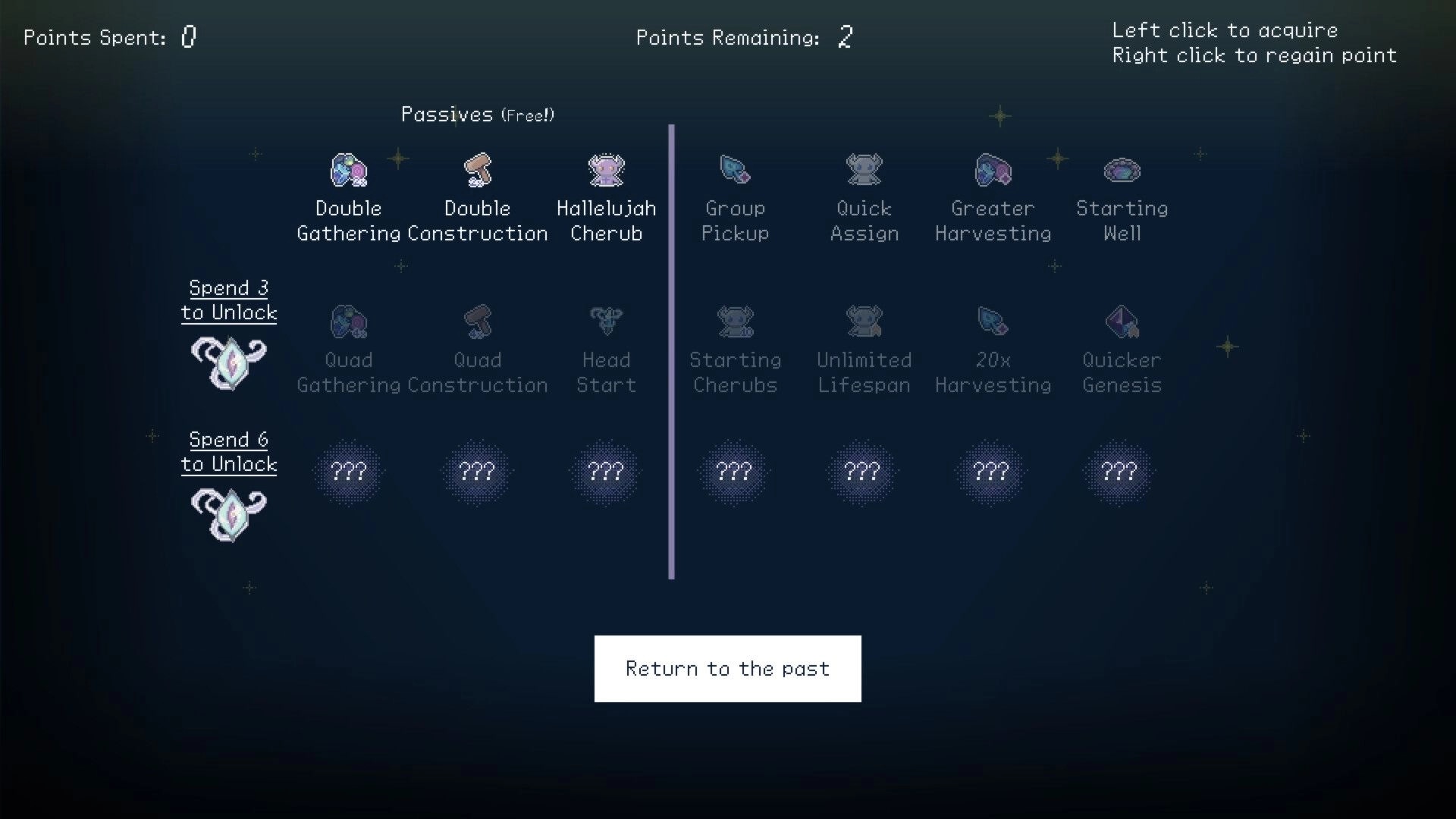 Angel Clicker: Passive upgrades menu with points remaining and perk icons on a starry blue backdrop.