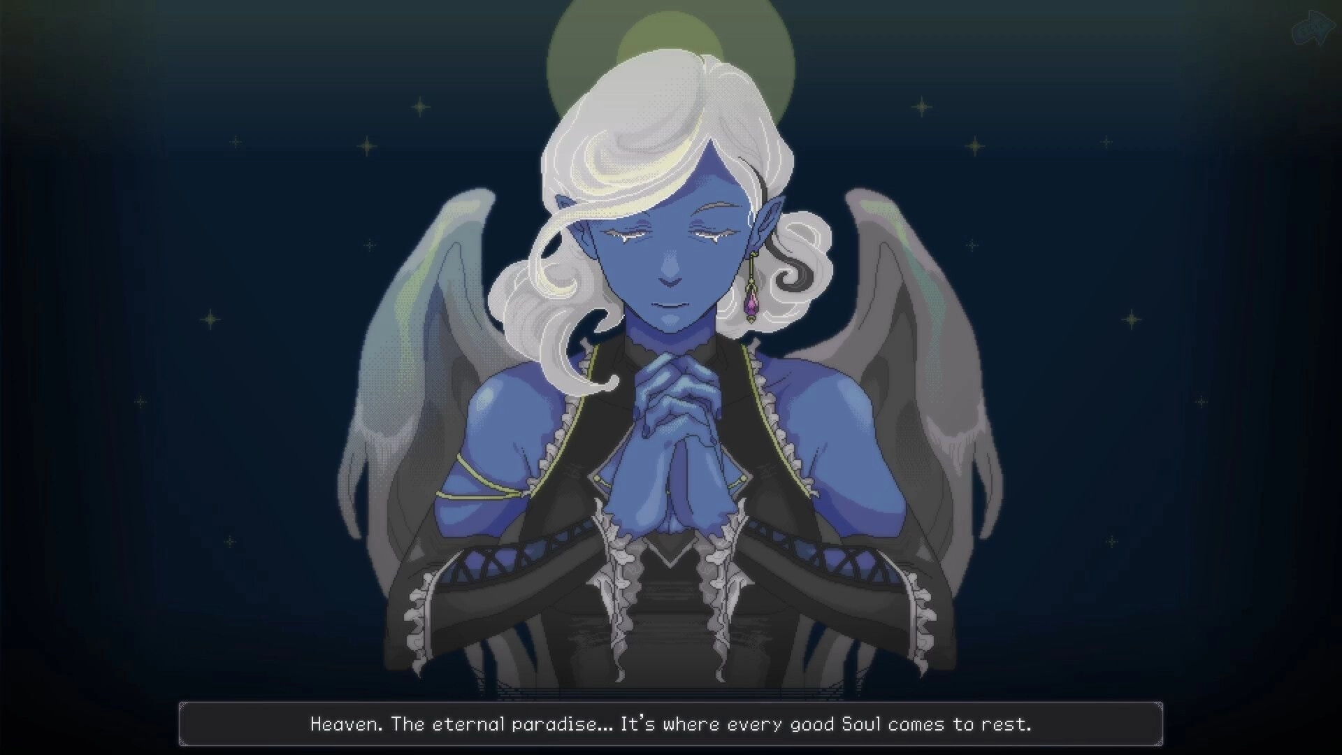 Angel Clicker: Blue-skinned angel with halo and wings praying beside dialogue box on starry backdrop.