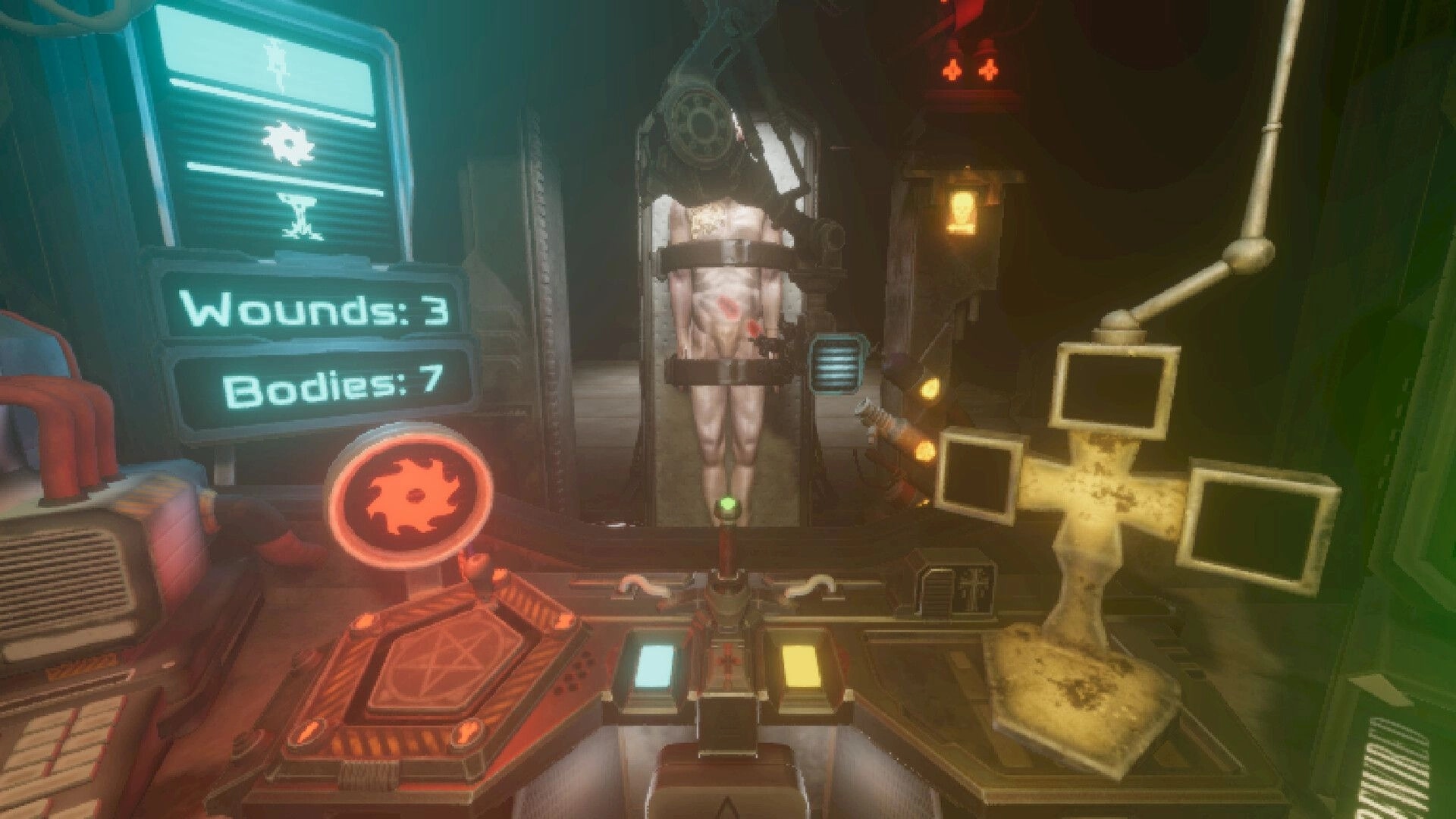 Angel Engine: Surgical interface with comatose subject in dystopian operating room, wounds and bodies shown