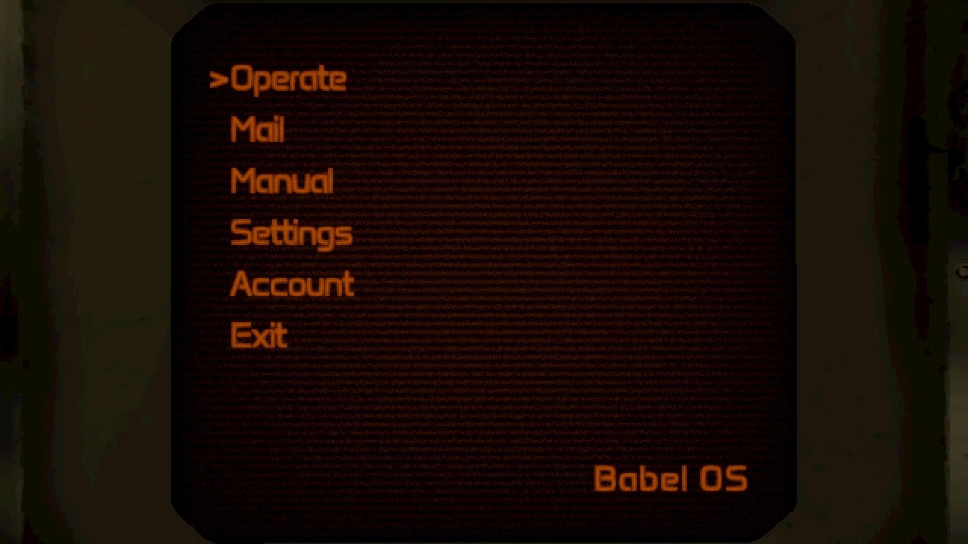 Angel Engine: Main menu interface with options for Operate, Mail, Manual, Settings, Account, Exit