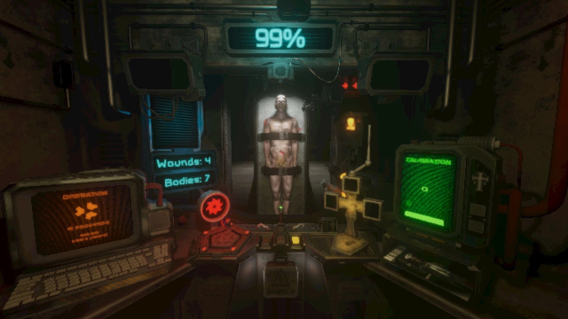 Angel Engine: Comatose test subject in operating room with calibration and operation progress screens