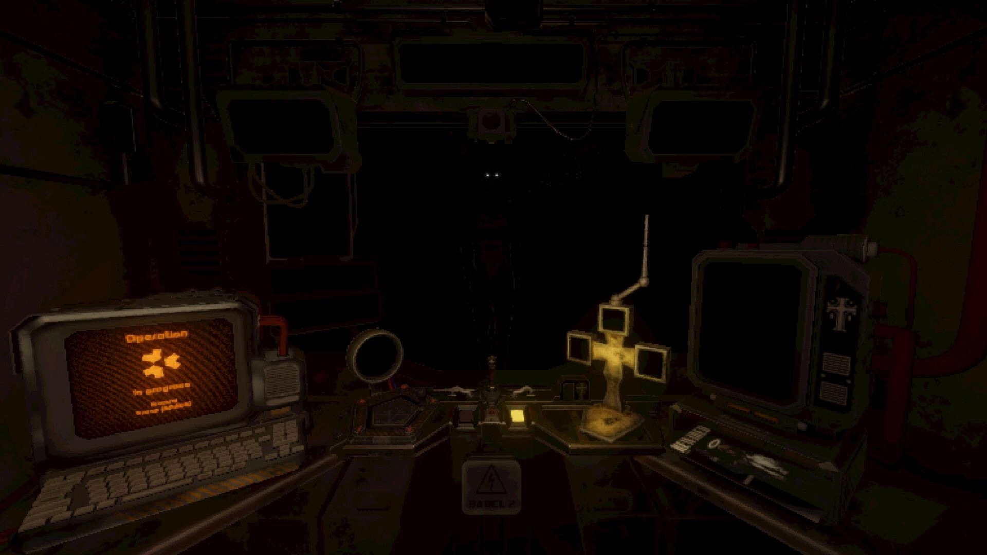 Angel Engine: Dark operating room with glowing computer screens and mysterious figure in background
