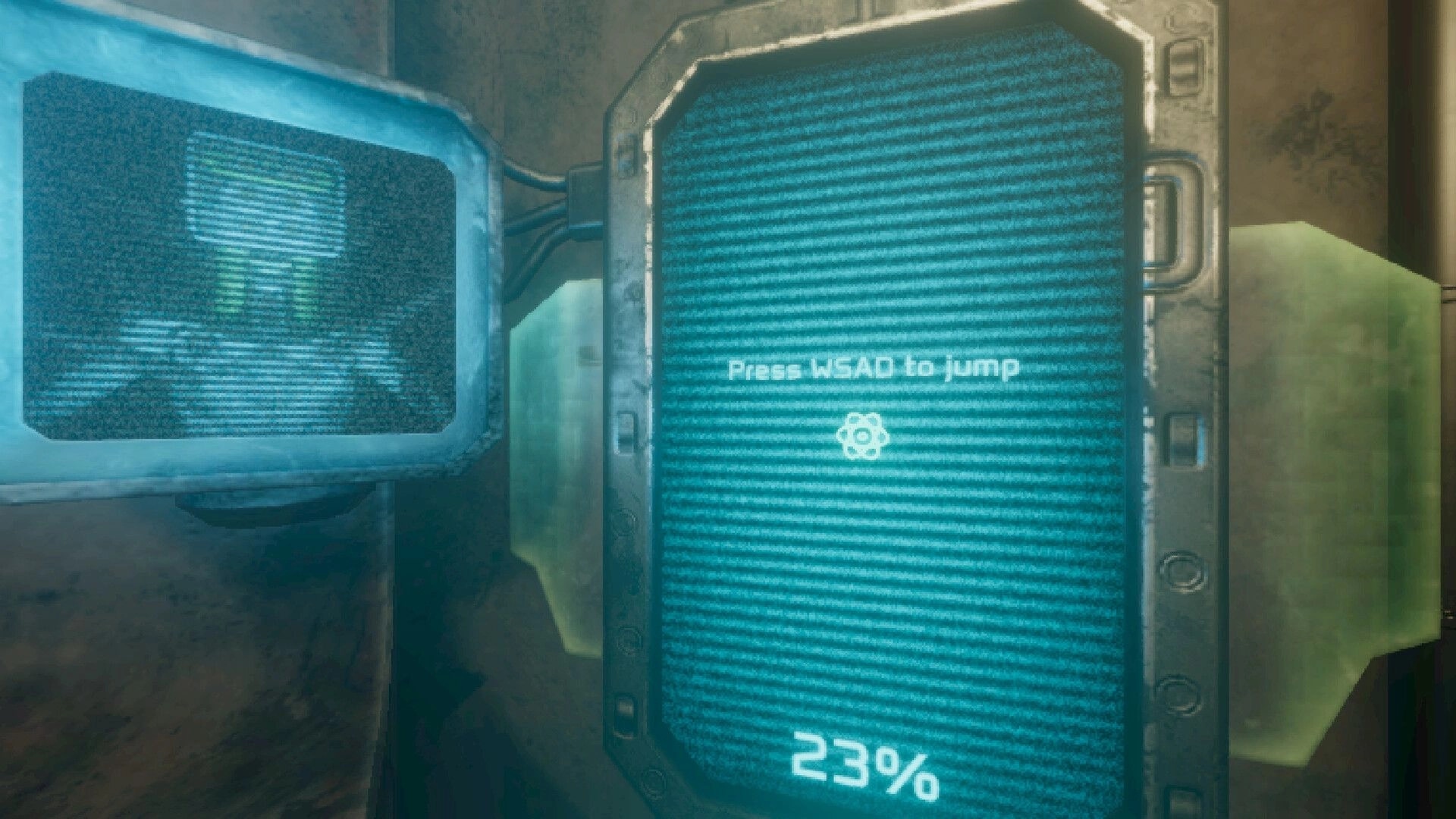 Angel Engine: Two electronic screens display controls and a humanoid figure in a dimly lit room.