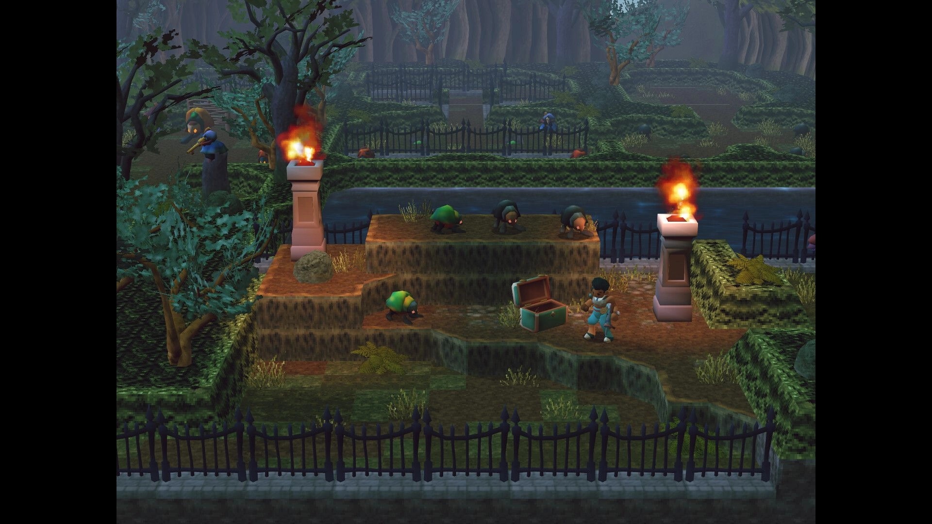 Angeline Era: Player navigates a tiered garden with enemies and an open treasure chest, surrounded by fences.