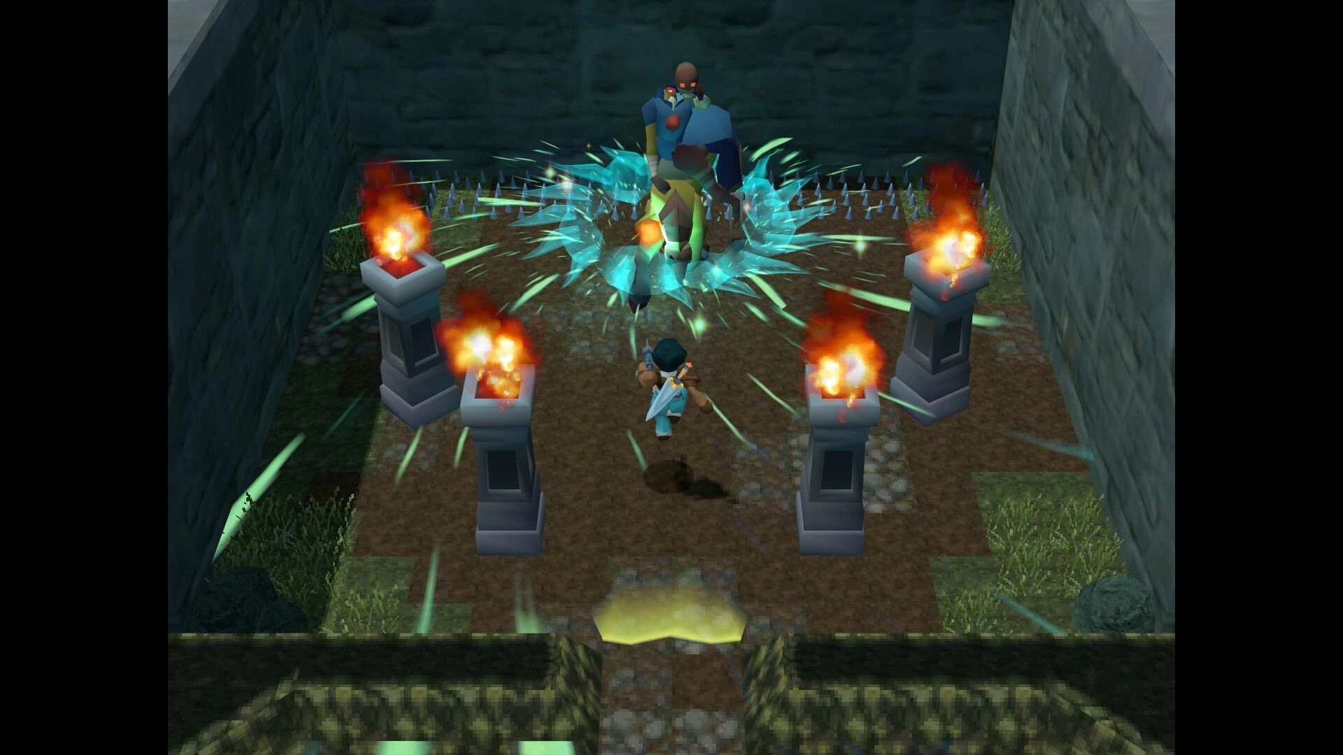 Angeline Era: Player confronts a giant boss in a stone arena with flaming pillars and spiked barriers.