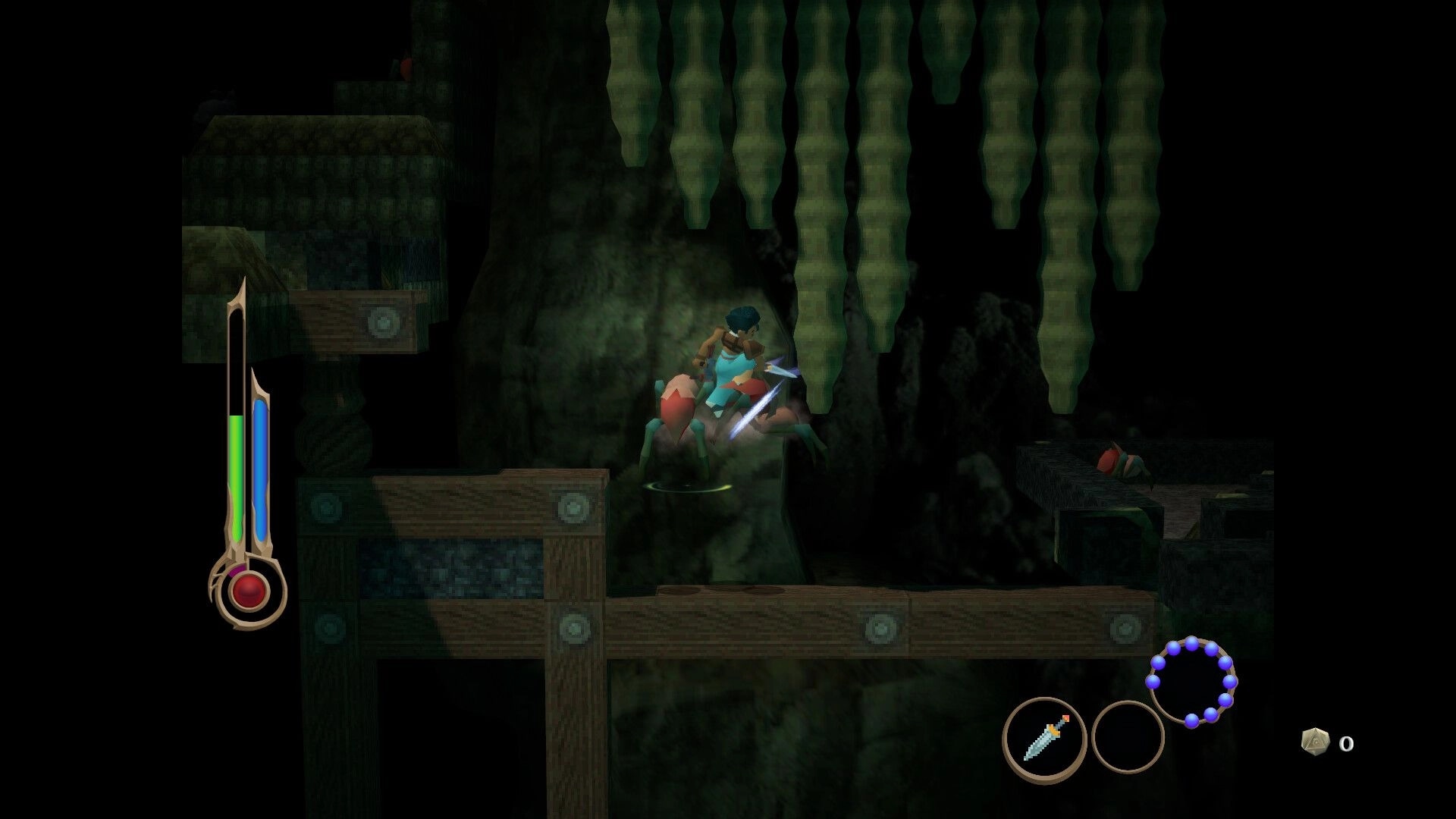 Angeline Era: Player character fights a spider-like enemy in a dark, cave-like environment with UI visible.