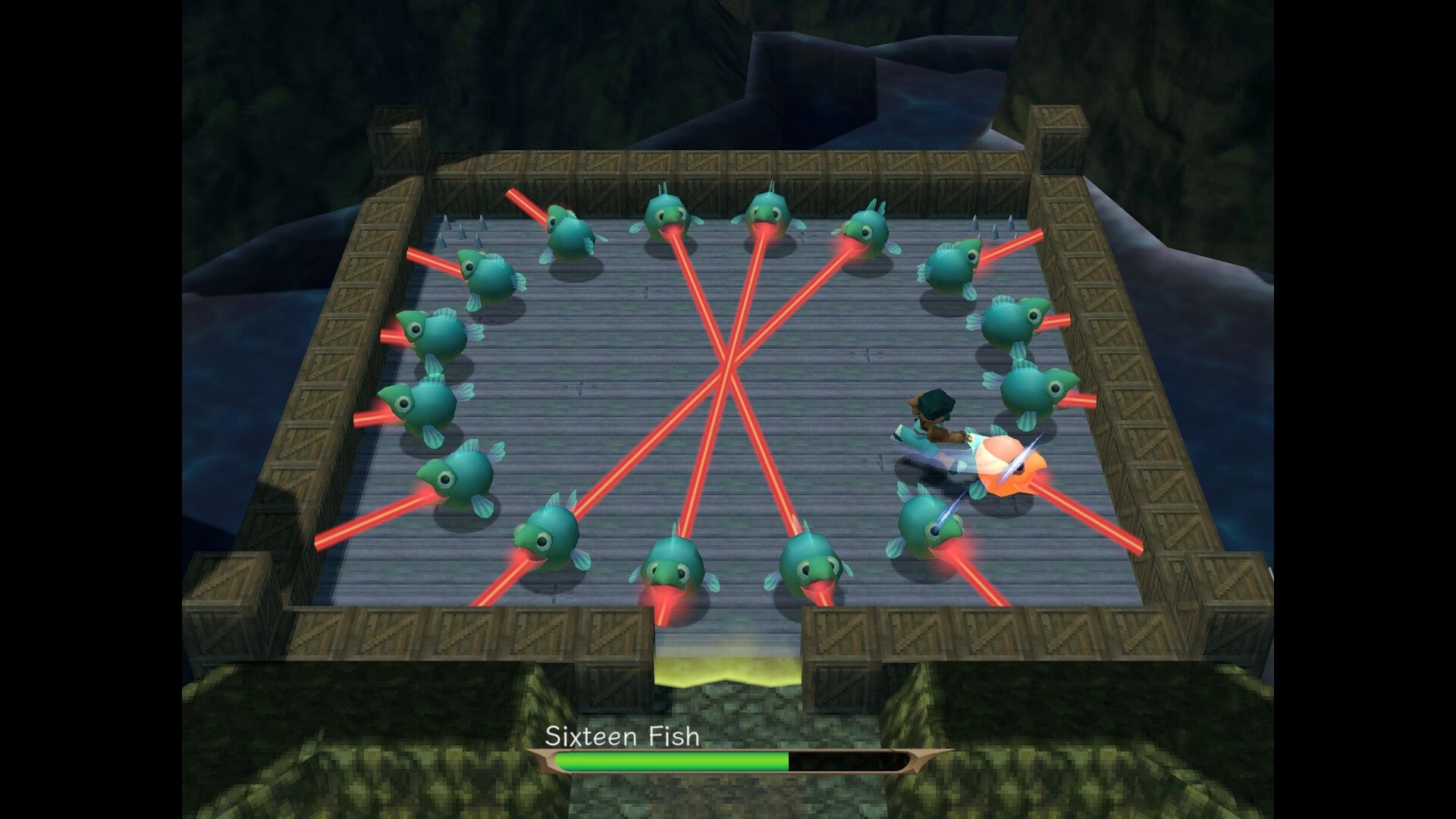 Angeline Era: Character dodging laser beams from blue fish enemies on a wooden bridge platform.