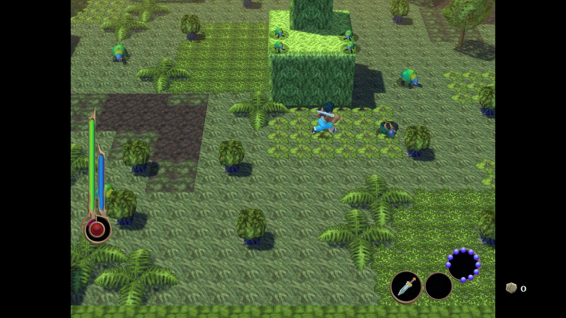 Angeline Era: Character exploring lush terrain with health bar and inventory icons visible on screen