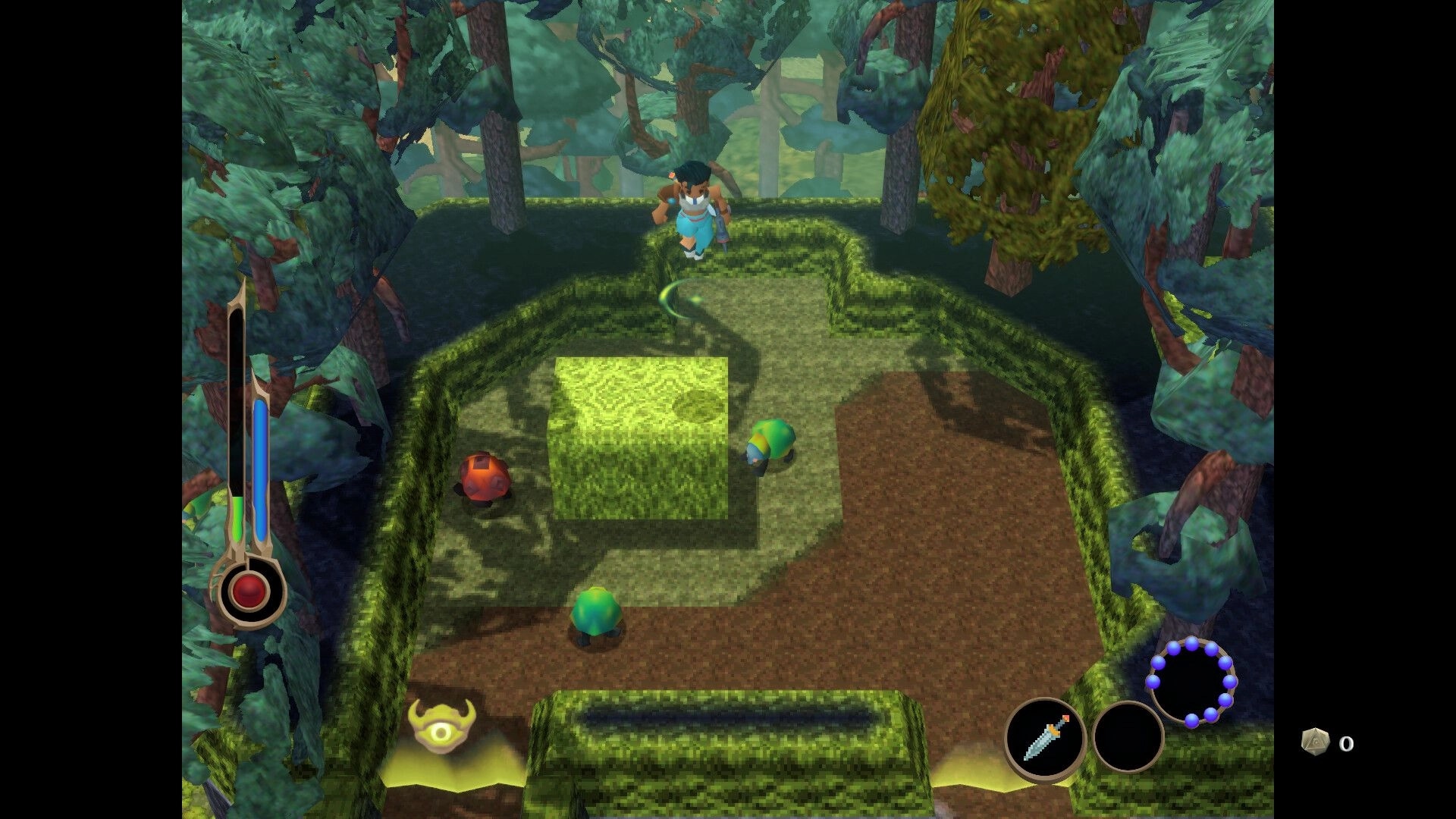 Angeline Era: Character confronts creatures on a forest platform with health and inventory UI visible