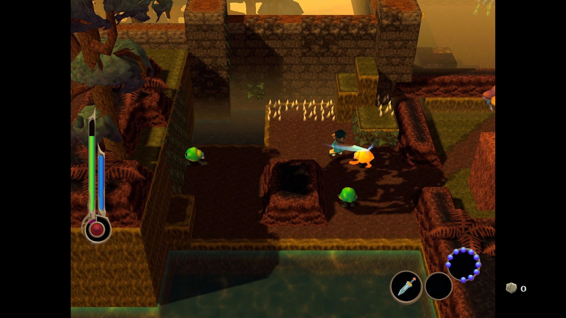 Angeline Era: Player battles green creatures in a maze-like forest area with health and power bars shown.