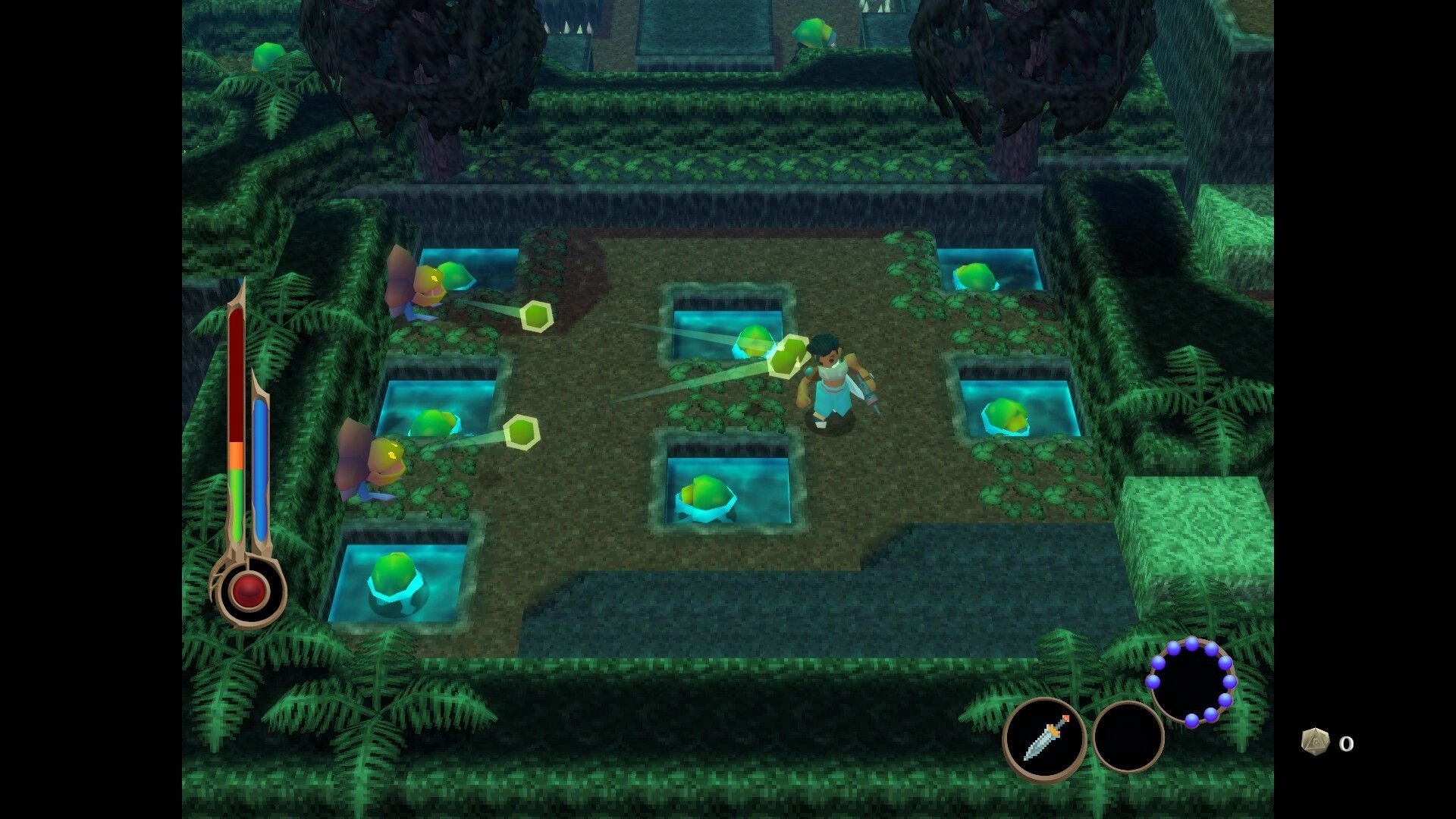 Angeline Era: Player battling green creatures in a maze-like forest area with health and magic bars visible