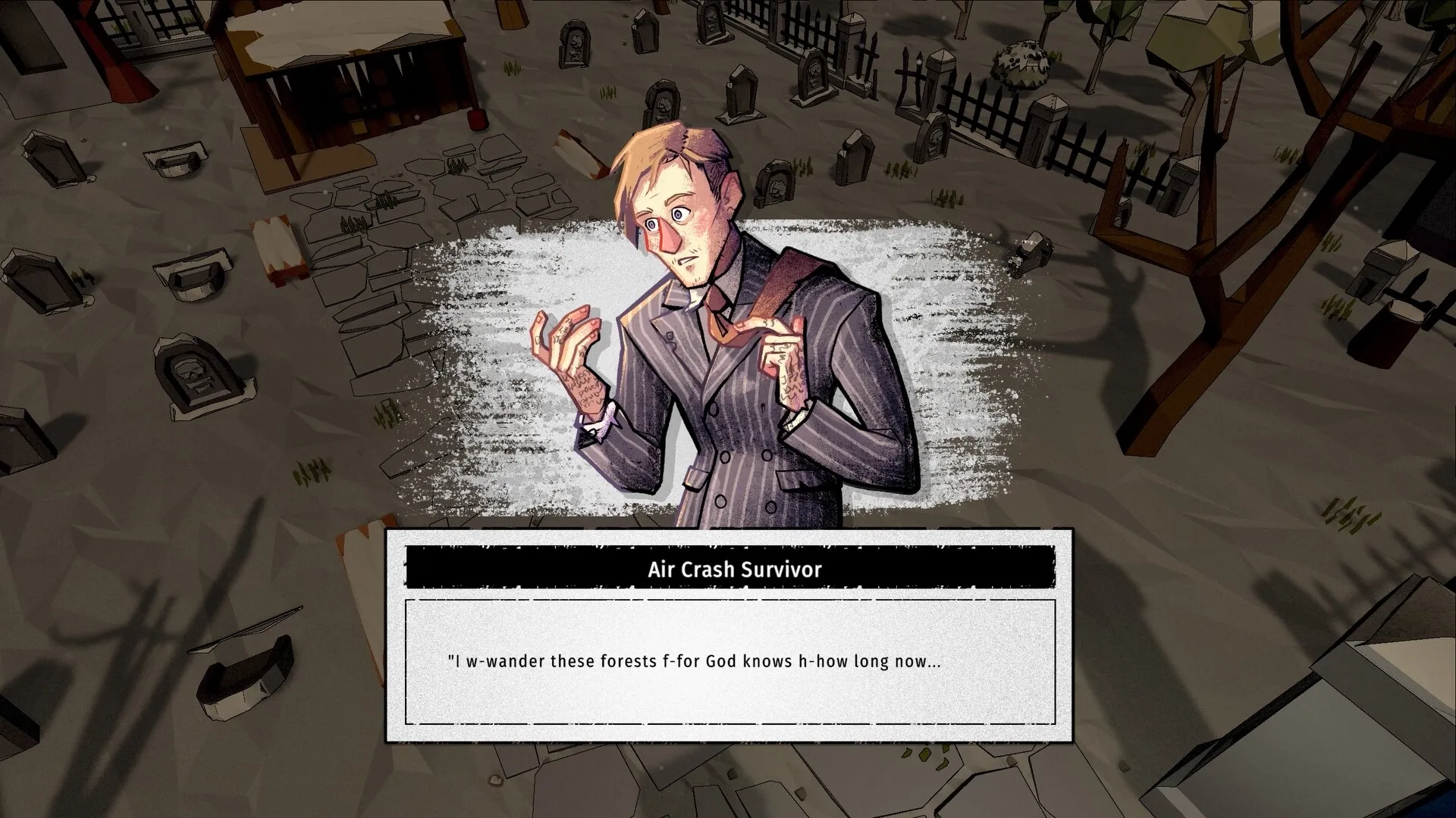 ANGST: Air Crash Survivor monologue in a snowy graveyard with scattered tombstones and barren trees.