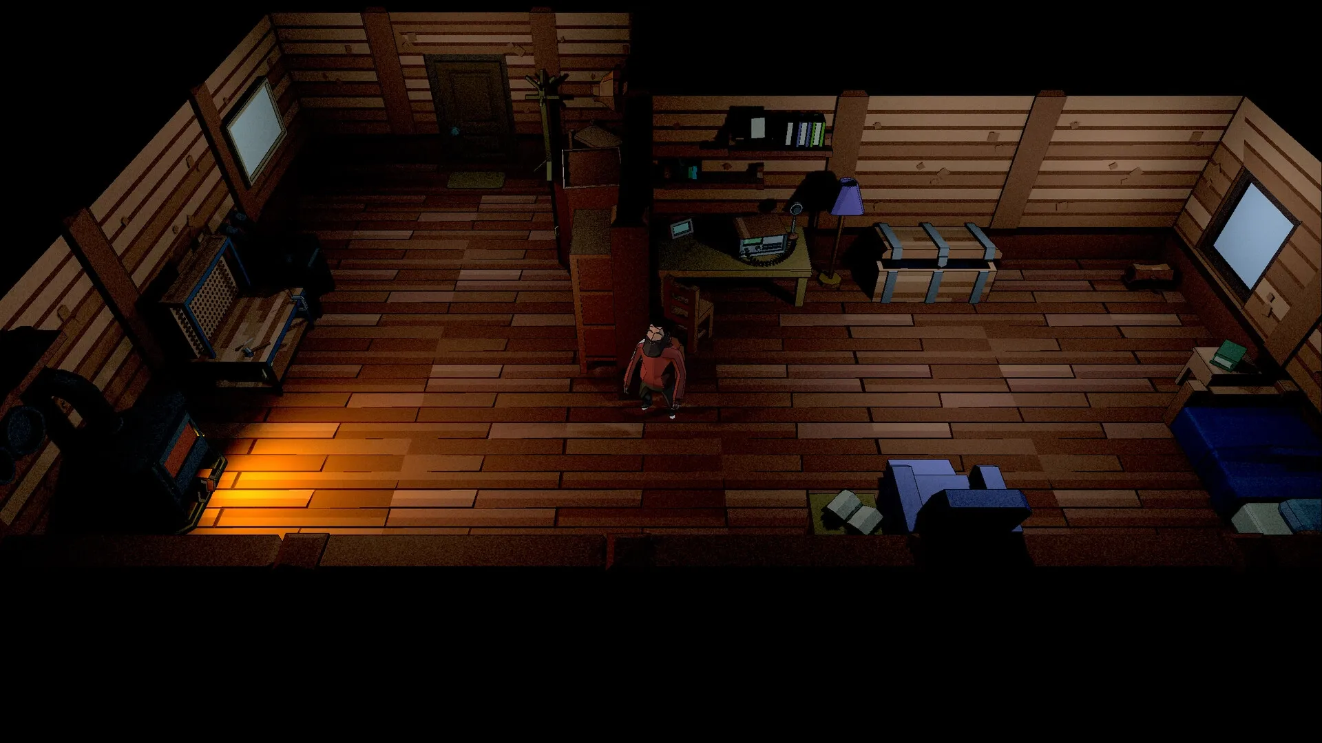 ANGST: Character stands in dimly lit cabin with wooden floors, workbench, and glowing stove nearby.