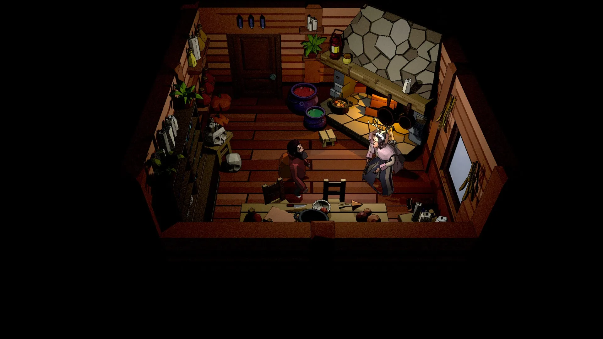 ANGST: Two characters converse inside a rustic cabin with a fireplace and shelves filled with supplies.