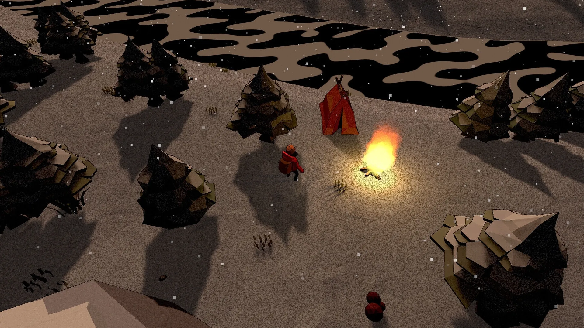 ANGST: Lone character near a campfire beside a tent in a snowy forest clearing by a winding river.