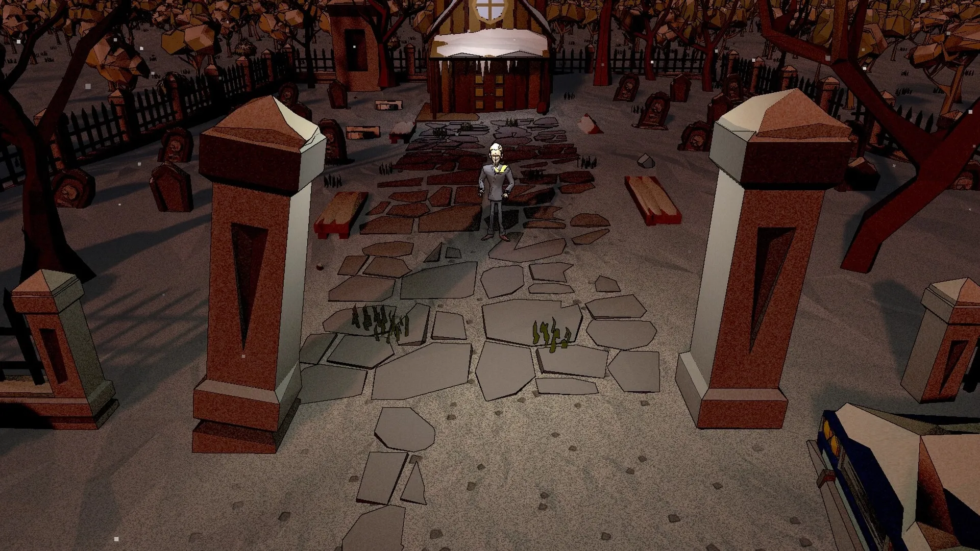 ANGST: Lone character stands in a graveyard path surrounded by tombstones and barren trees