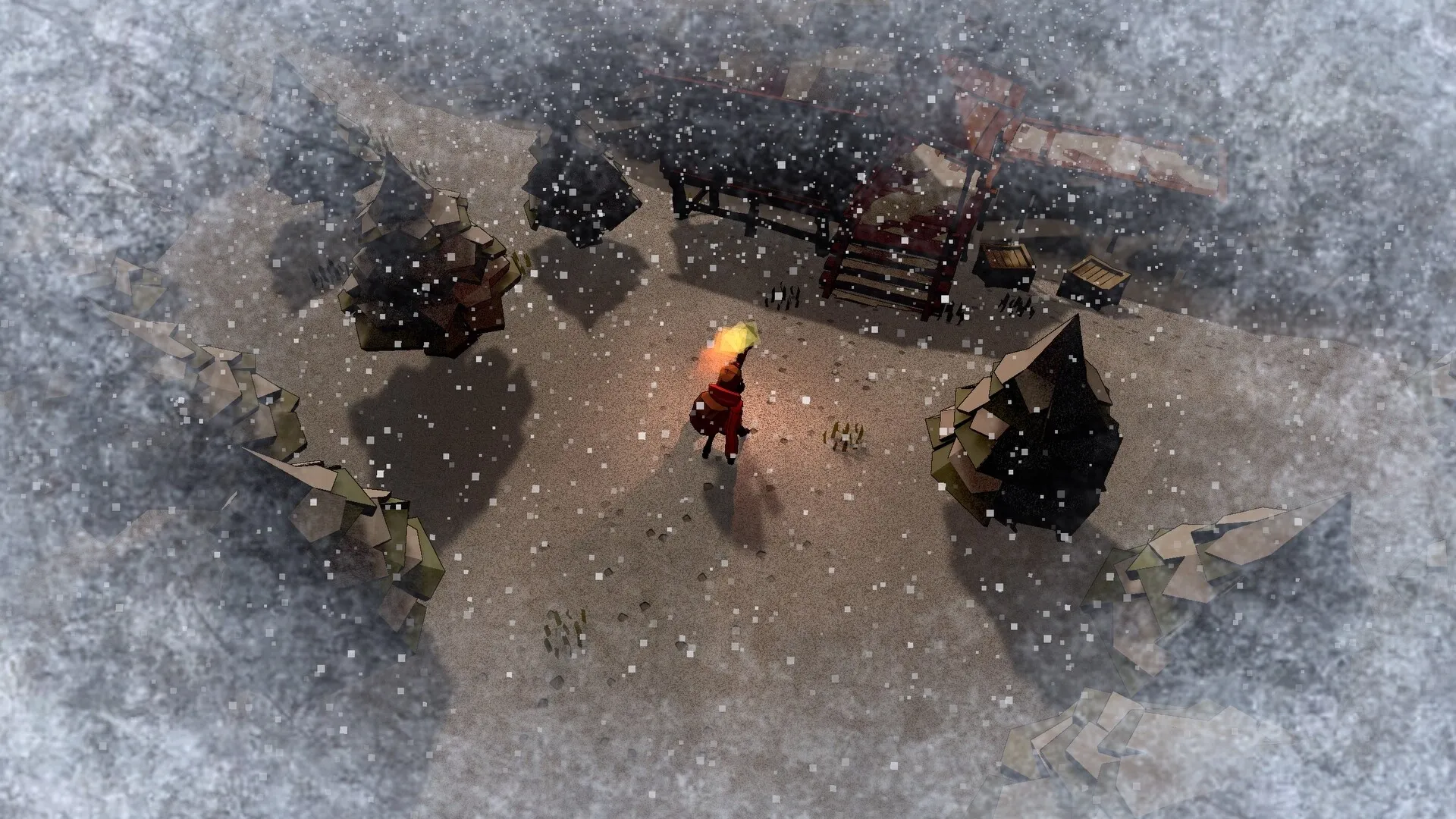 ANGST: Lone character with torch navigating a snowy, low-poly forest during heavy snowfall