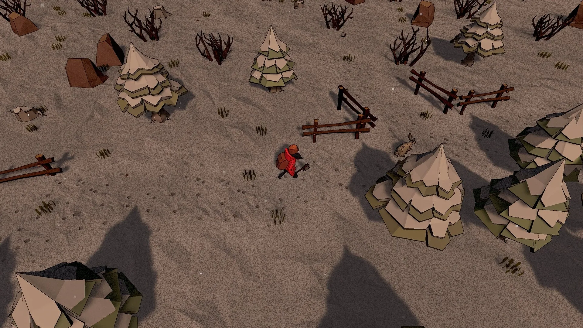 ANGST: Character in red coat explores snowy forest with axe, surrounded by trees and scattered fences