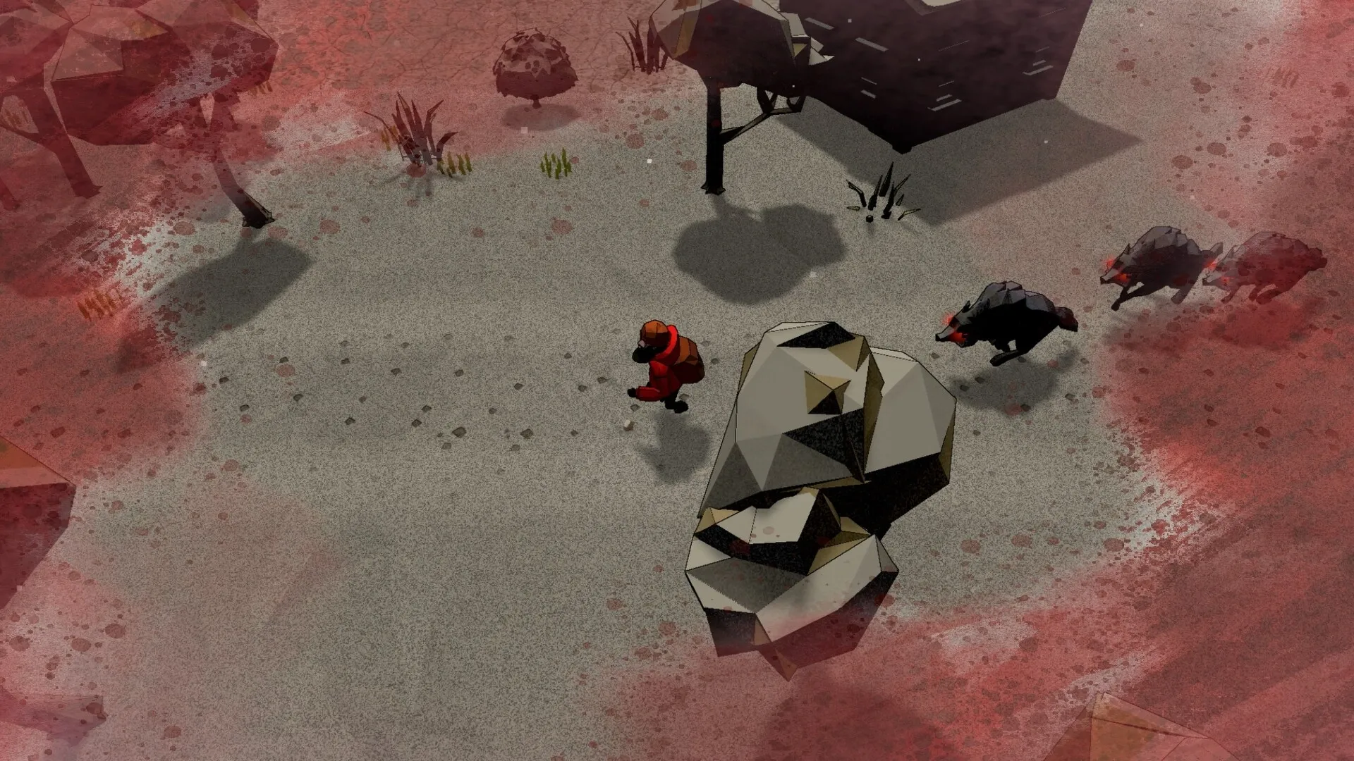 ANGST: Character in red coat runs from wolves on snowy terrain with red-tinted atmosphere and shadows