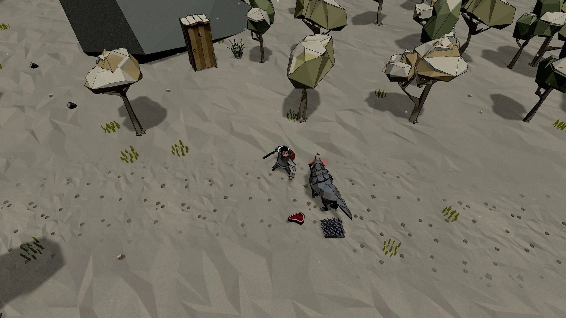 ANGST: Player confronts a wolf near a cabin in a low-poly forest clearing during a snowy day.