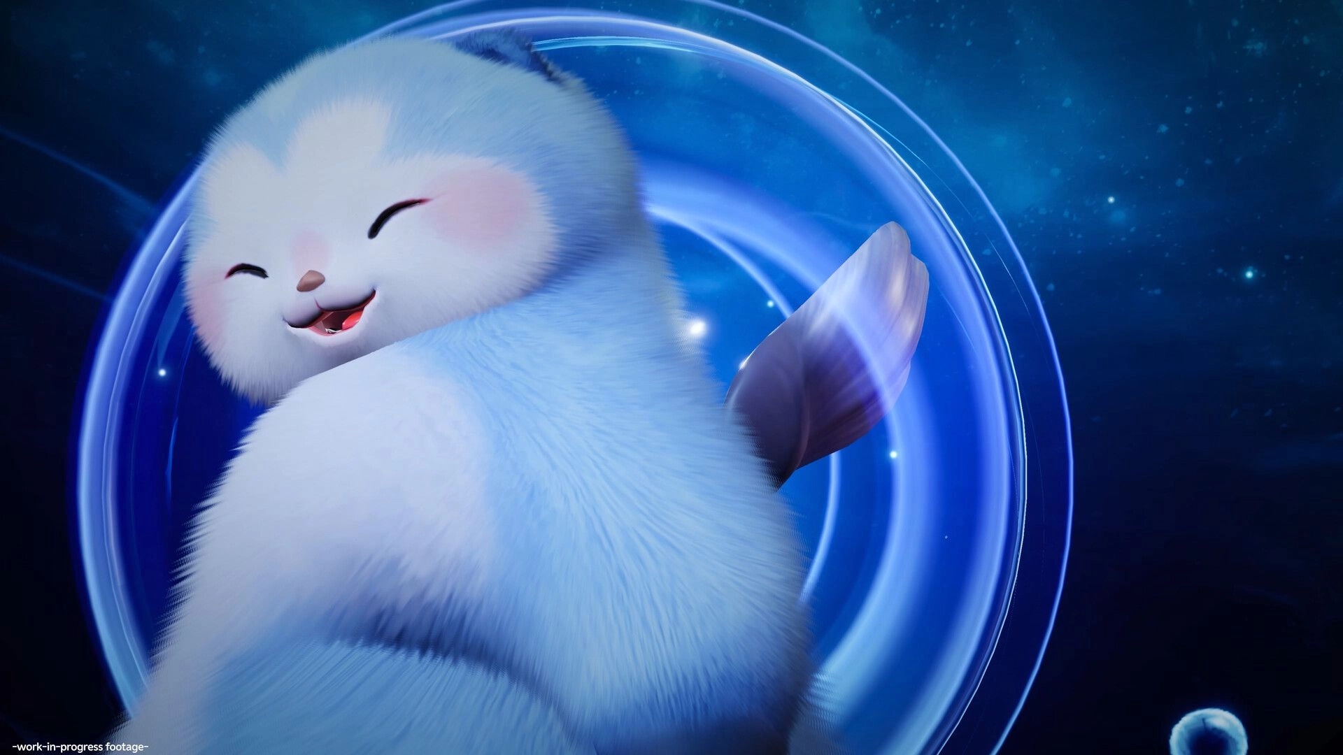 Aniimo: Happy Aniimo character with a fluffy tail in a glowing blue cosmic swirl environment