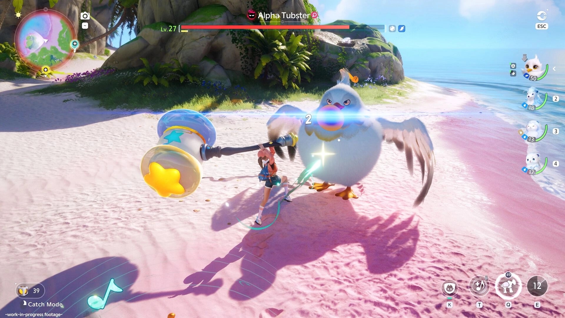 Aniimo: Battle against Alpha Tubster on a sunny beach with player wielding a star hammer weapon