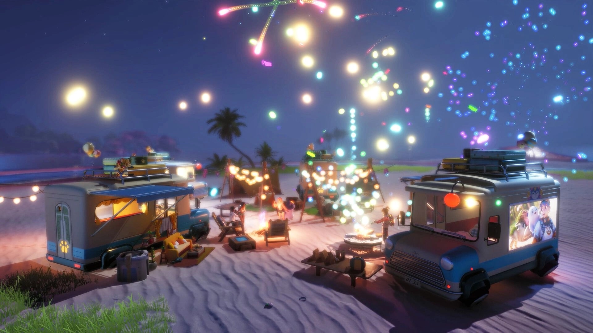 Aniimo: Campfire gathering on sandy beach with colorful fireworks lighting up the night sky