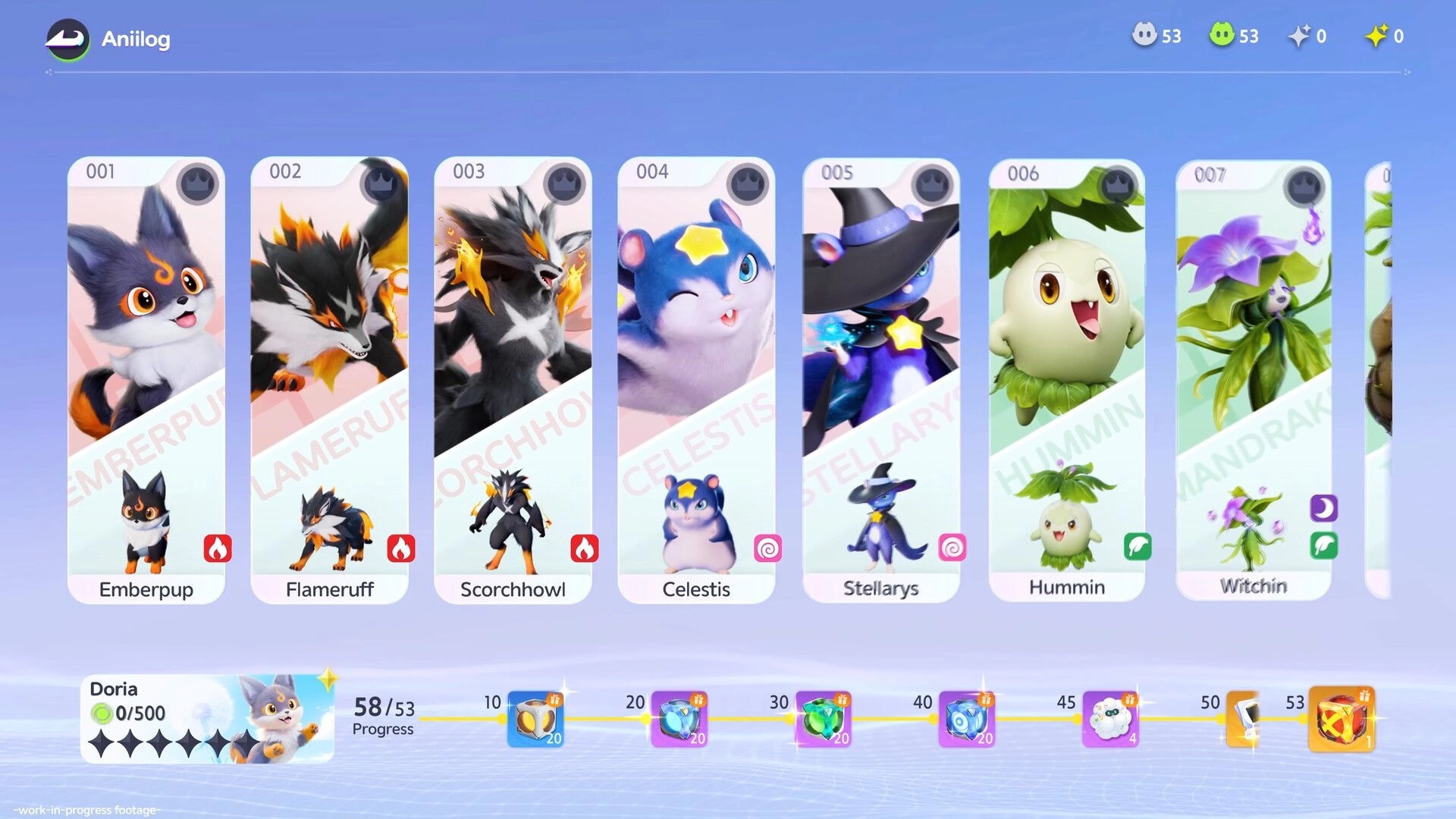 Aniimo: Creature selection screen displaying various Aniimo cards and progression rewards at the bottom.