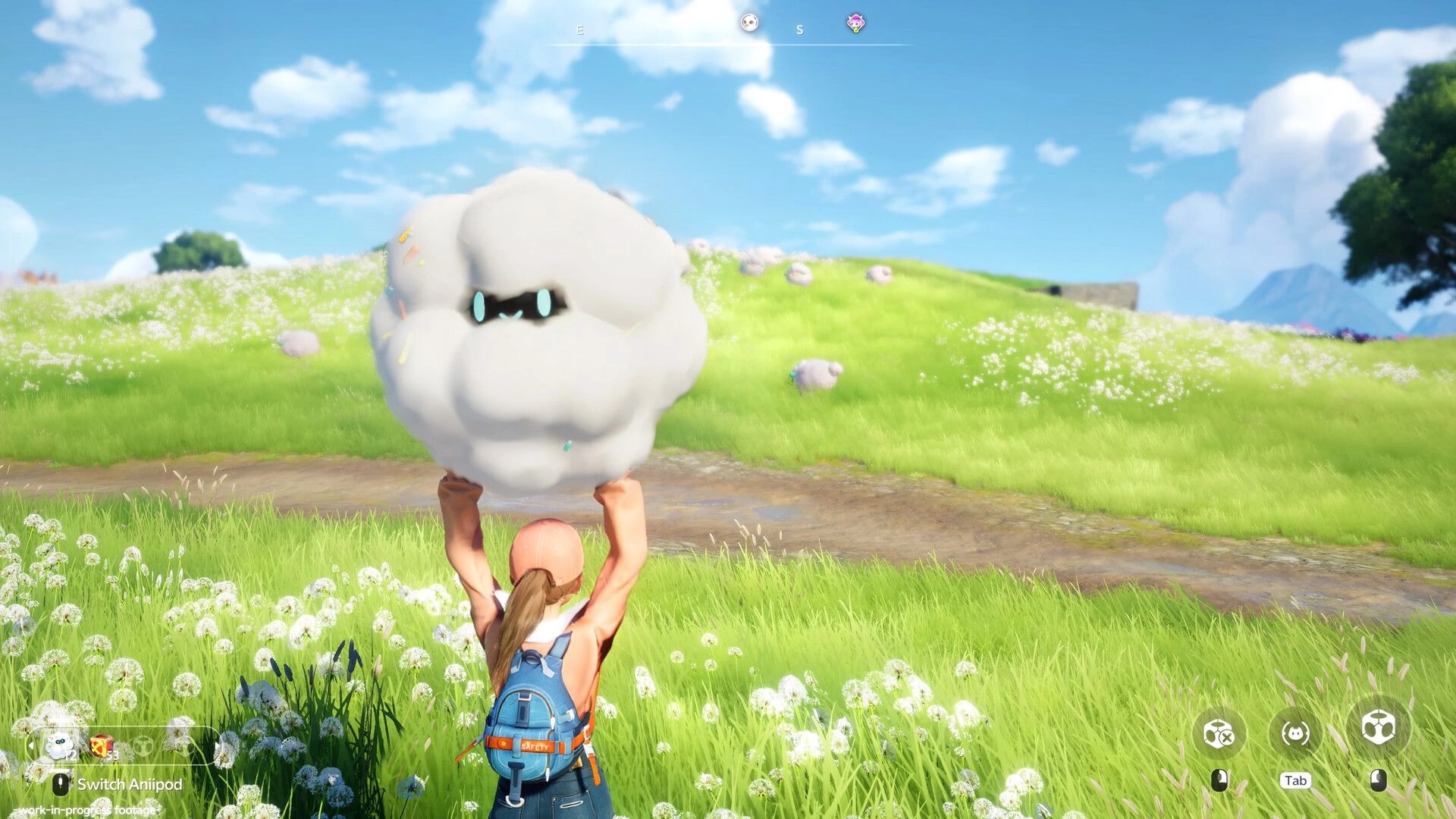 Aniimo: Player holding cloud-like Aniimo in a lush, sunny field with scattered sheep in the distance